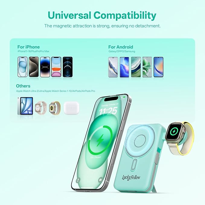 Magnetic Portable Charger Built-in Cables,10000mAh Fast Charging Wireless Charger Station External Battery Pack Slim Pocket Size Power Bank with Stand Compatible with iWatch, iPhone and Android Phones