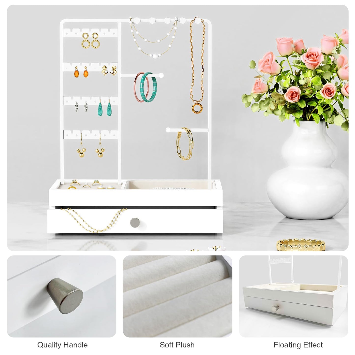 Goozii White Jewelry Organizer Stand Stud Earring Holder, Necklace Display Stand with Drawer, Jewelry Tower Tree for Bracelets Rings, Birthday Valentines Day Gifts for Her Teen Girls Women Wife