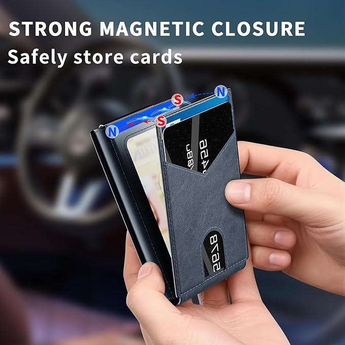 KISUEDZP Wallet for Men Slim RFID Blocking-Metal Smart Pop-Up Credit Card Holder with 2 ID Windows, Holds 8-10 Cards,Bifold Compact Minimalist Front Pocket Wallet & Money Clip,Men's accessories (Blue)