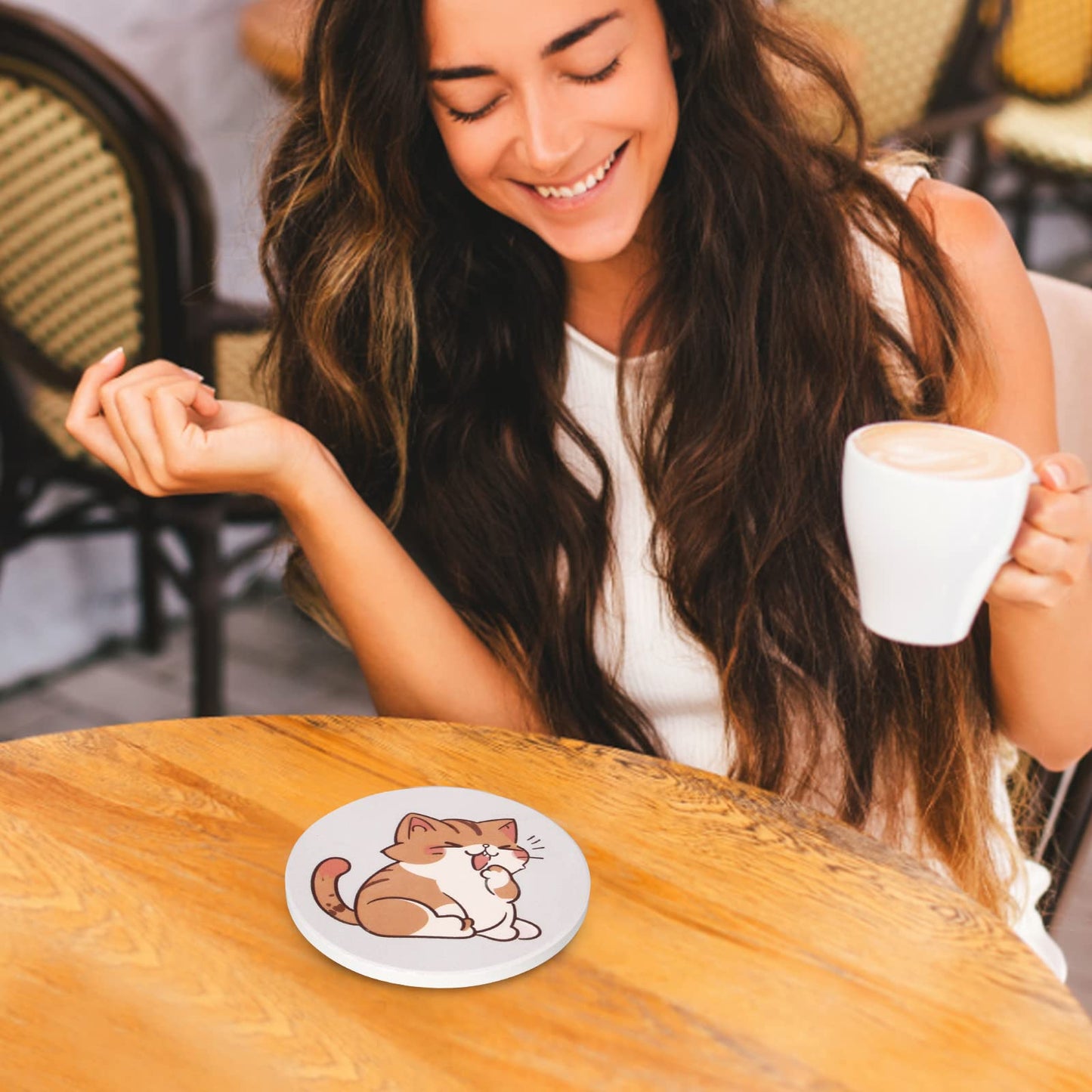 Cute Coaster Set of 6 Cat Lover Gift for Coffee Table Ceramic Coasters with Holder Drink Coaster Unique Cat Themed Gifts Kawaii Anime Decor Office Desk Beverage Coster Funny Cool Bar Cup Coasters