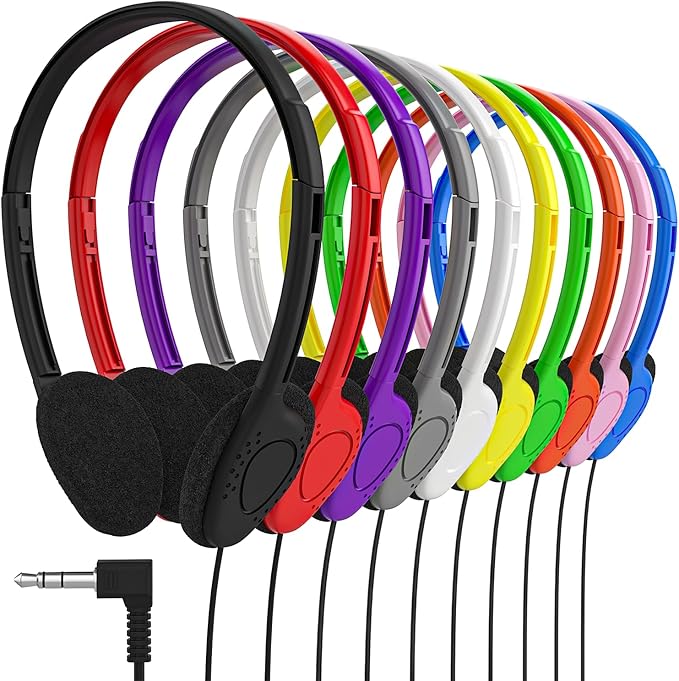 Maeline Bulk Classroom Student Headphones On Ear Stereo Headphones Flexible Adjustable Band for Kids Online Learning, Library, School, Airplane, Travel - 3.5mm Plug - 200 Pack - Multi