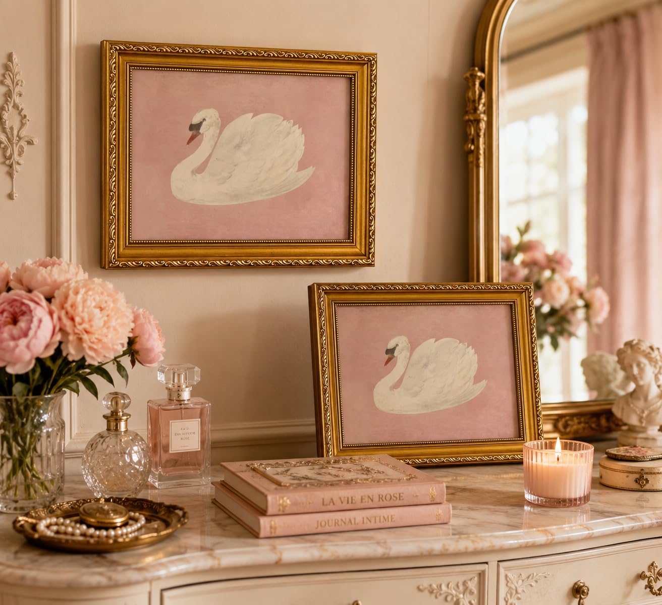 FKRYTYB Vintage Gold Framed Classical Pink Swan Canvas Wall Art, 11x9in