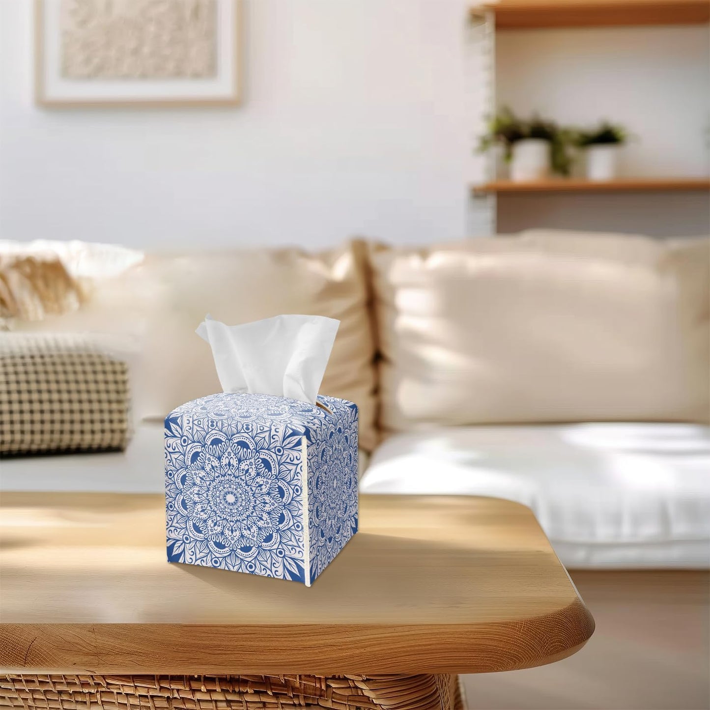 Boho Mandala Flower Tissue Box Cover Square, Blue and White Leather Tissue Box Holder with Bottom Belt, Boho Home Decoration for Bathroom Vanity Countertop, Nightstands, Dining Table, Office, Car -28