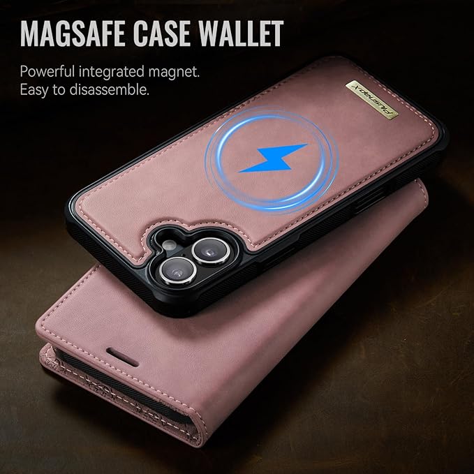PlusnapX Wallet Case for iPhone 17 Compatible with Magsafe, 2-in-1 PU Leather Flip RFID Blocking Card Holder Stand Shockproof Magnetic Detachable Cover for iPhone 17 Case 6.3", Pink