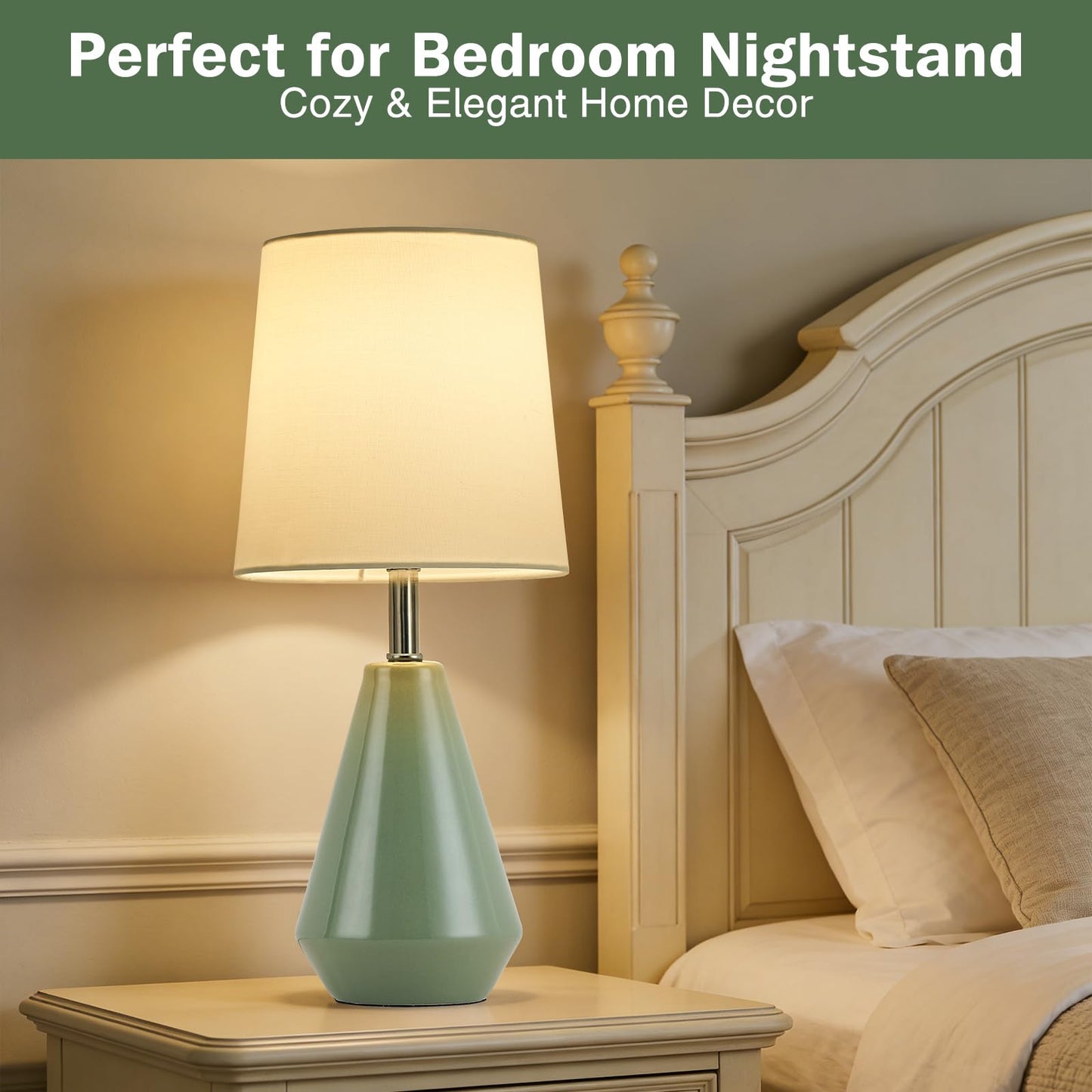 bdayanx Small Bedside Table Lamp for Bedroom - Reading Desk Lamp with 3 Color Temperatures，15.5" Nightstand Ceramic Lamp with Fabric Shade for Kids Room,Living Room,Dorm,Home Office (Green+White)