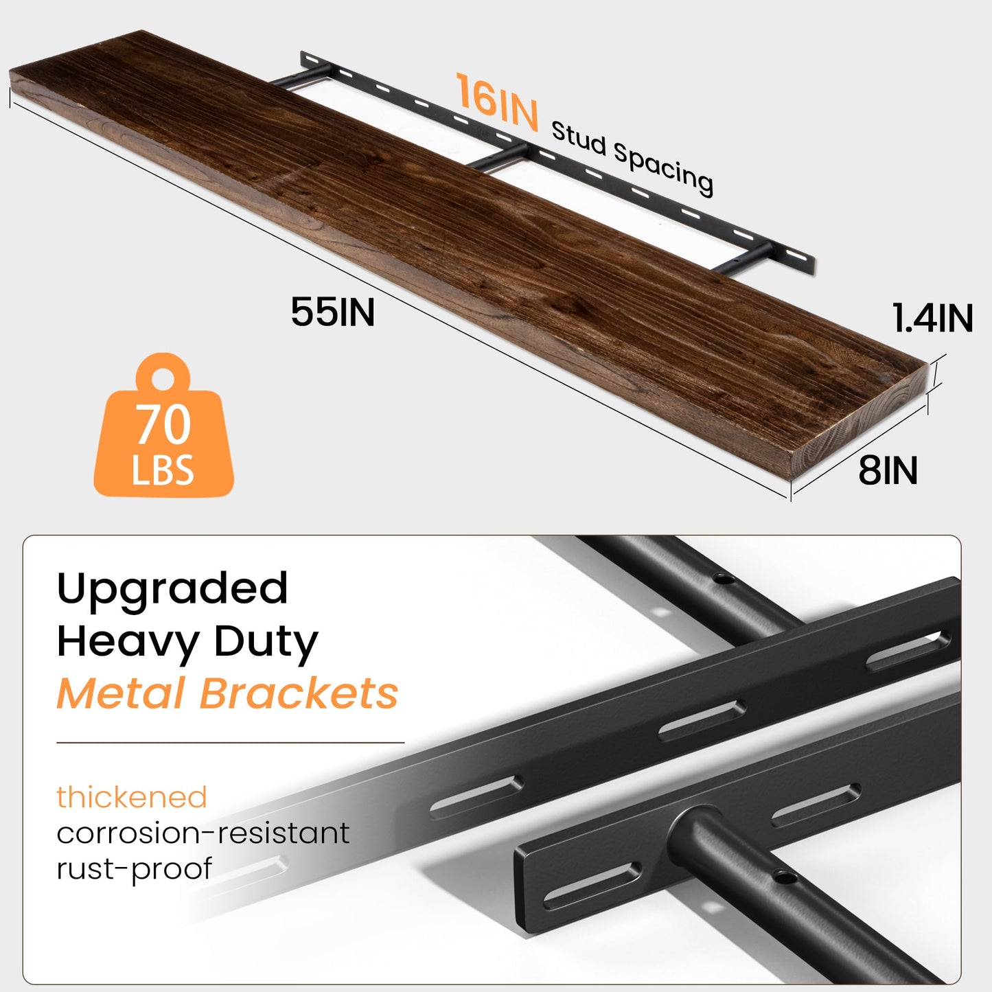 Fun Memories 55" Floating Shelves for Wall, Rustic Solid Elm Wood Floating Shelf - Invisible Bracket Mount, Extra Long Wall Mounted Shelf for Living Room, Bathroom, Bedroom, Kitchen, Walnut