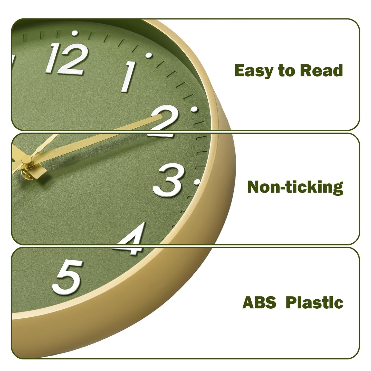 Mosewa Wall Clock 14 Inch, Battery Operated Non-Ticking Modern Analog Clock Decorative for Kitchen, Bedroom, Office, Home(Olive Green and Gold)