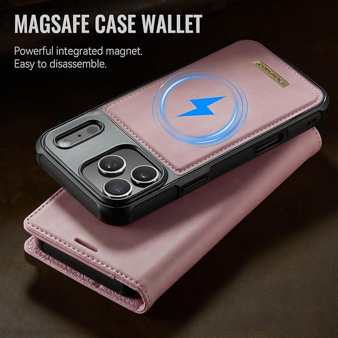PlusnapX Wallet Case for iPhone 17 Pro Compatible with Magsafe, 2-in-1 PU Leather Flip RFID Blocking Card Holder Stand Shockproof Magnetic Detachable Cover for iPhone 17 Pro Case 6.3", Pink