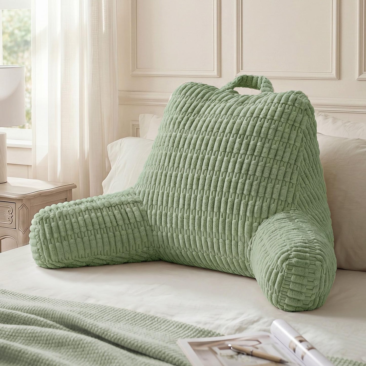Blissful Diary Reading Pillow, Backrest Pillow with Shredded Memory Foam for Adult & Children, Designed for Bed and Couch Sitting Up, Includes Arms, Pockets and Washable Cover, Sage Green