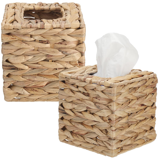 Rattan Tissue Box Covers, 2 Pack Square Wicker Facial Tissue Holders, Handwoven Water Hyacinth Cube Dispensers for Bathroom, Bedroom, Office and Boho Home Decor