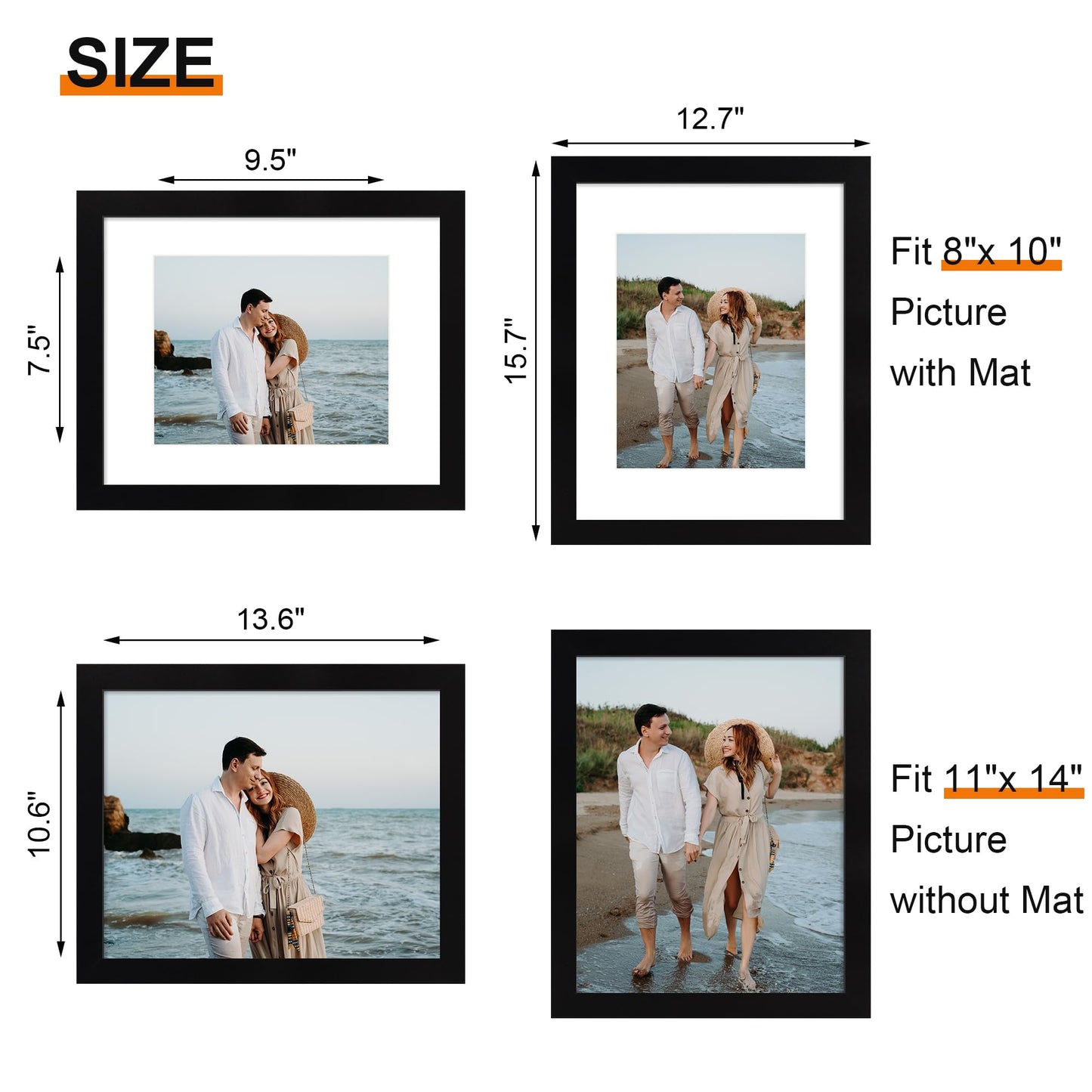 Flocey 11x14 Picture Frame 5 Pack, Black Photo Frame, Display Pictures 8x10 with Mat or 11x14 without Mat for Horizontal or Vertical Wall Mounting, Wall Gallery Frame for Artwork Certificate