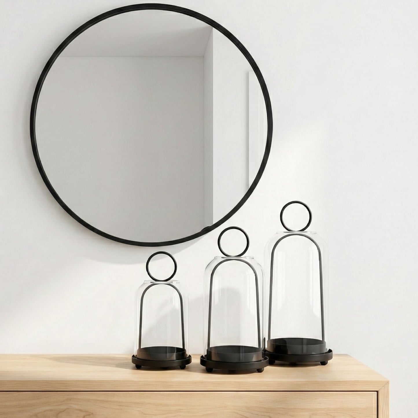 3 Pack Metal Candle Holders with Glass Dome, 5.5" & 4.7" & 3.9" Wide Black Candlestick Holders Set, Versatile Hurricane Lanterns Candleholders for Pillar Candle, Decorative Glass Display Dome Stands