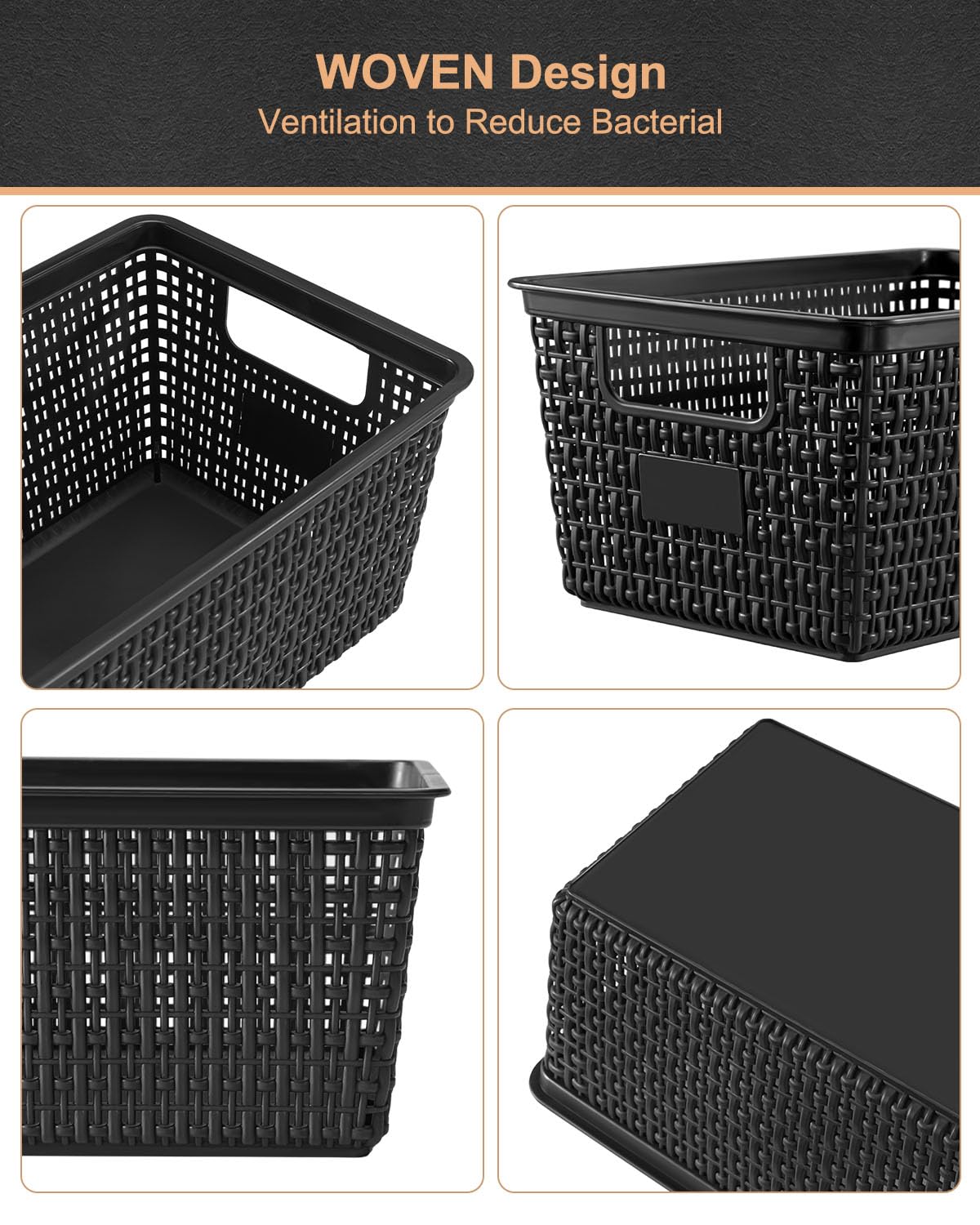 Set of 6 Baskets For Organizing, Plastic Storage Bins and Small Basket for Organization and Storage Shelves Drawers Desktop Closet Playroom Classroom Office, Black
