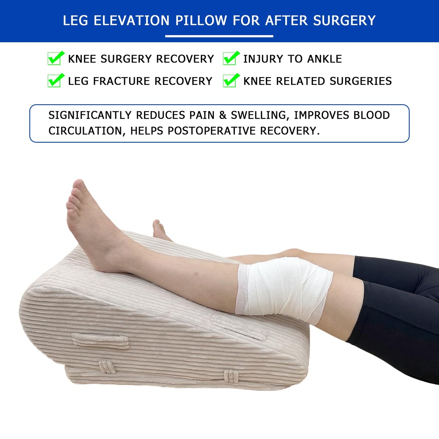 Wellbrance Leg Elevation Pillow for After Surgery, Adjustable Height Leg Wedge Pillow with Medical Grade Foam & Beige Corduroy Cover, Single Knee Elevation Pillow for Swelling Relief & Sleep