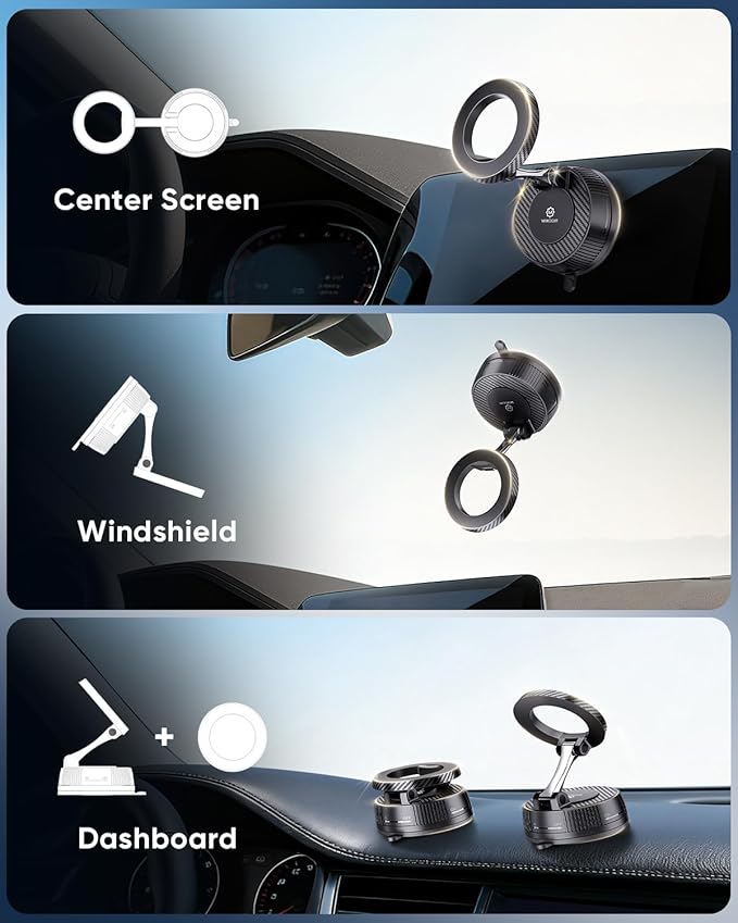 WixGear for MagSafe Car Mount - 78+LBs Suction Cup Phone Holder - 360° Adjustable Magnetic Cell Stand for iPhone 17 16 15 14 13 12 Pro Max - Dashboard Compatible Vehicle Accessory - Carbon Fiber