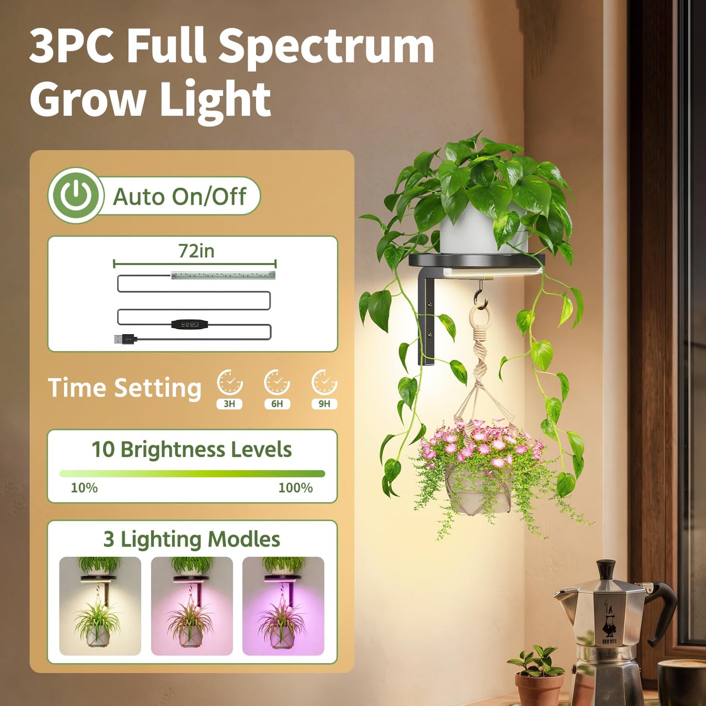 LASZOLA Plant Hangers Shelves Wall Mounted Indoor with Grow Lights, Metal Window Plant Holders, 3Pcs Modern Floating Flower Display Stand with 3 Hooks for Outdoor Kitchen Bathroom Decor, Black