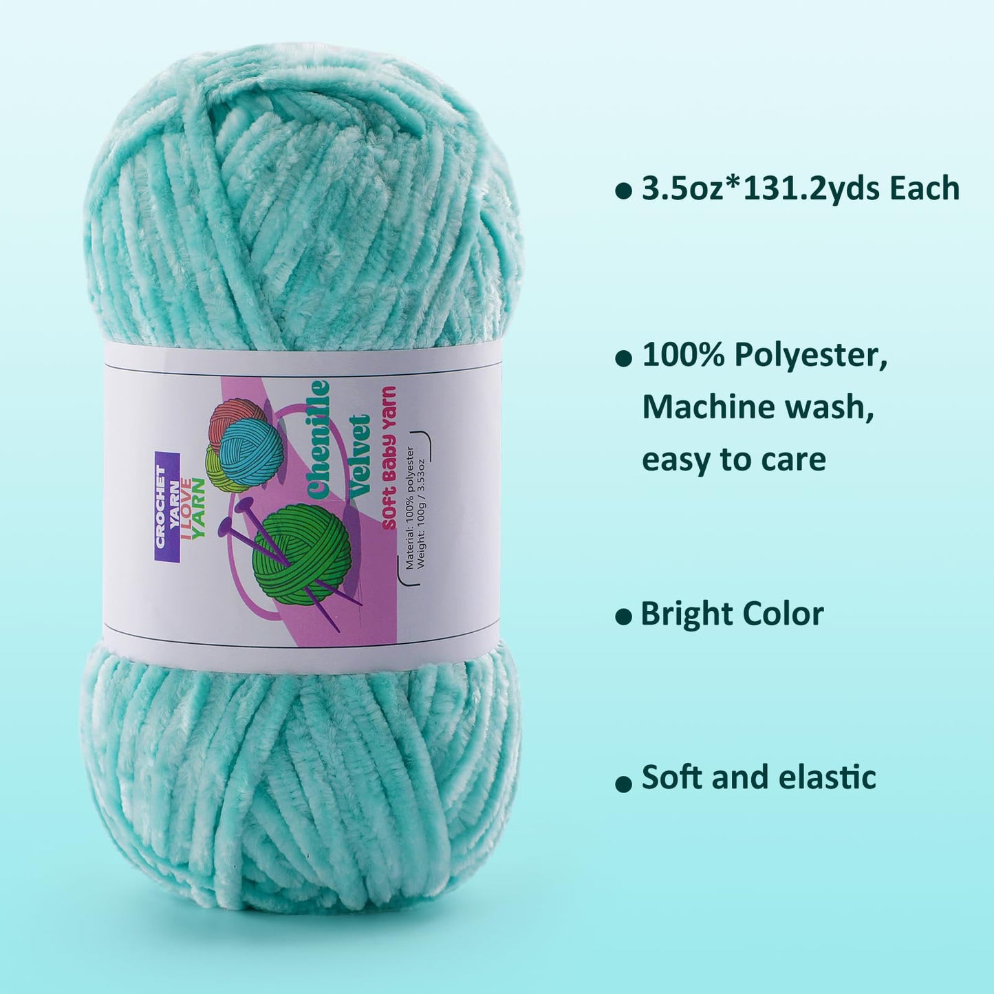 4 Skeins Soft Chunky Chenille Yarn, Plush Velvet Yarn for Hand Knitting and Crocheting, Fluffy Yarn for Crochet Blankets, Scarves, Hats（4×3.5oz, 4×131.2yds） (Light Blue)
