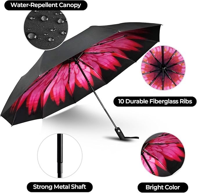 LLanxiry Compact Travel Umbrella, Automatic Open/Close Windproof Umbrella, 10 Fiberglass Ribs, 210T Pongee, UPF 50+ Sun/Rain, Lightweight Portable Umbrellas Travel Size with Carry Sleeve