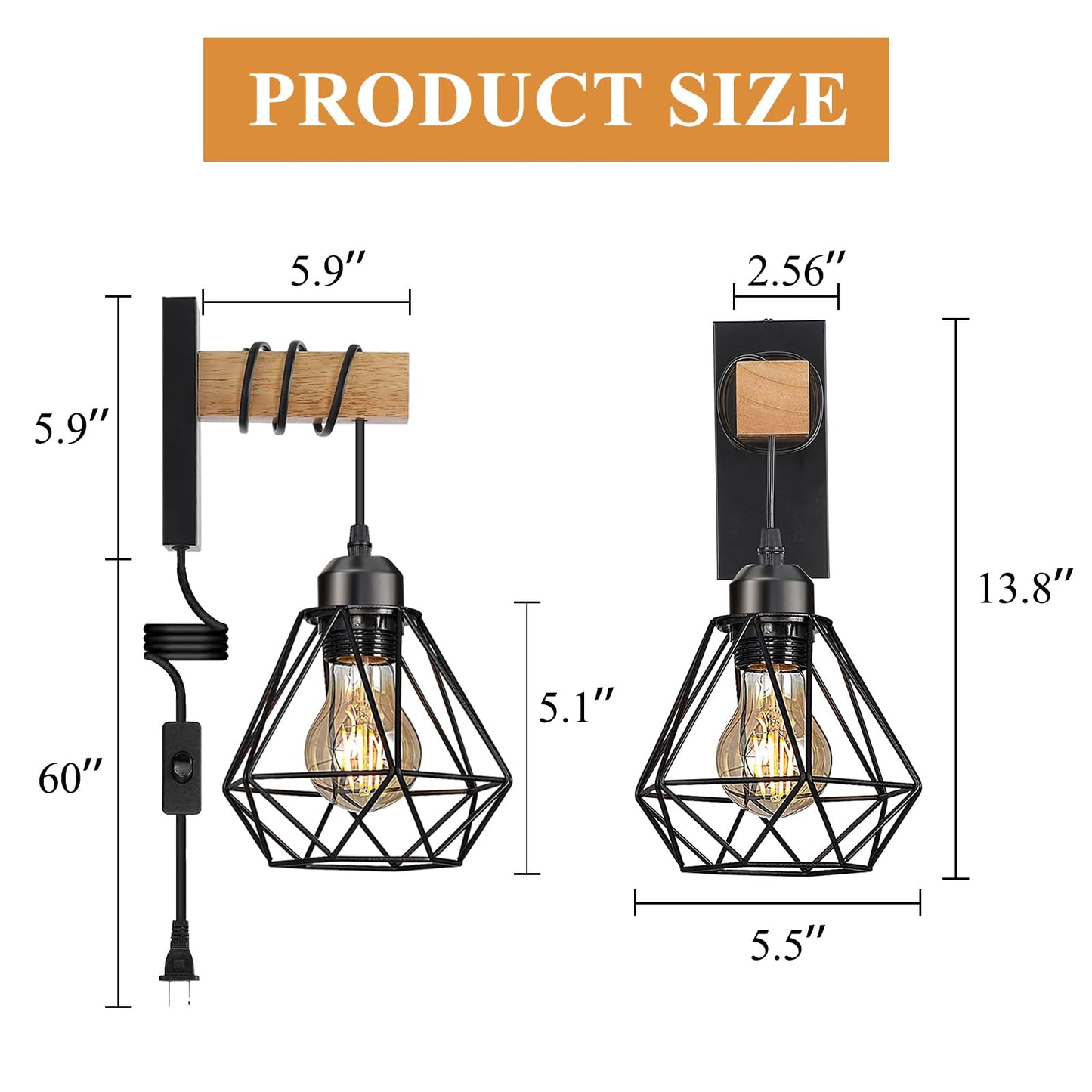 Plug in Wall Sconces Set of Two,Farmhouse Wall Mounted Lights with Plug in Cord,Black Rustic Wall Lamp for Bedroom Bedside Living Room,with Wood Arm and 70.8inch On/Off Switch Cord,2 Pack
