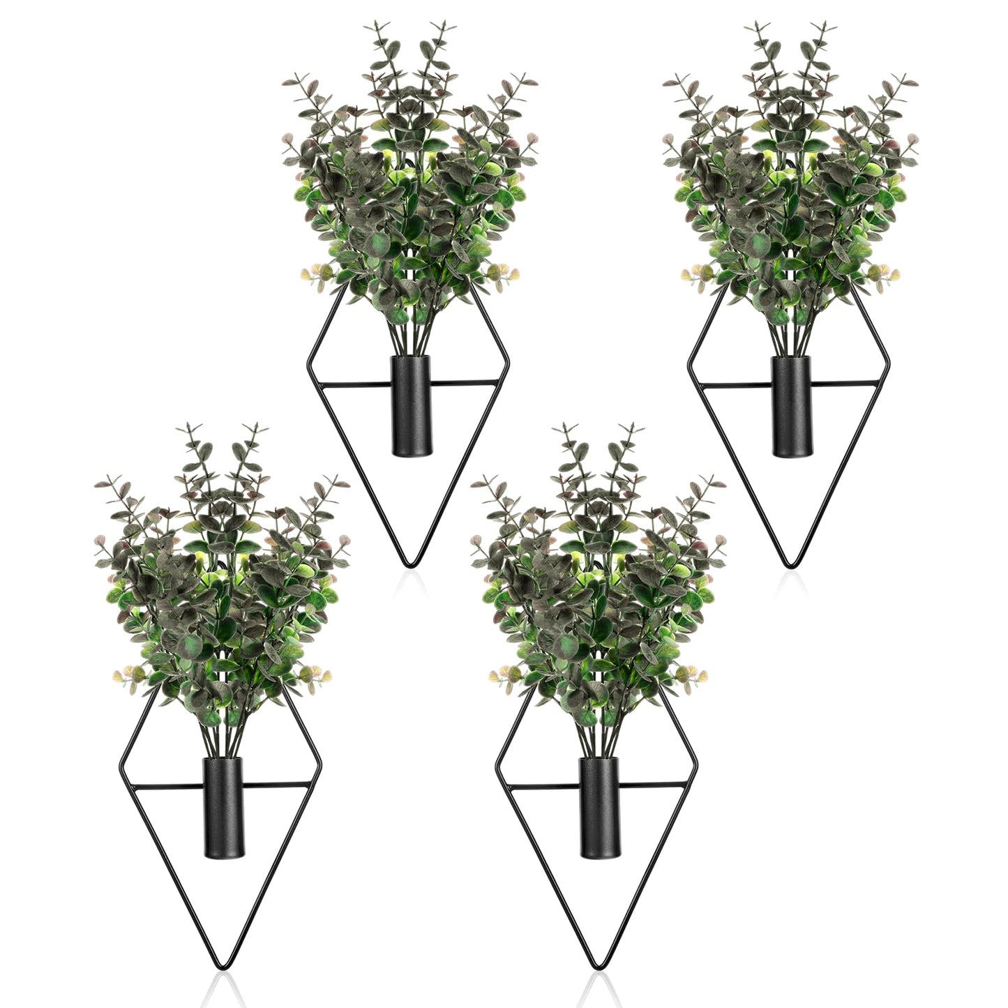 Jaarssho Wall Decor Hanging Planters with Artificial Plants, Modern Metal Wall Planter Set with Greenery Eucalyptus, Geometric Fake Plants for Black Decor Living Room Aesthetic (4 Pcs)