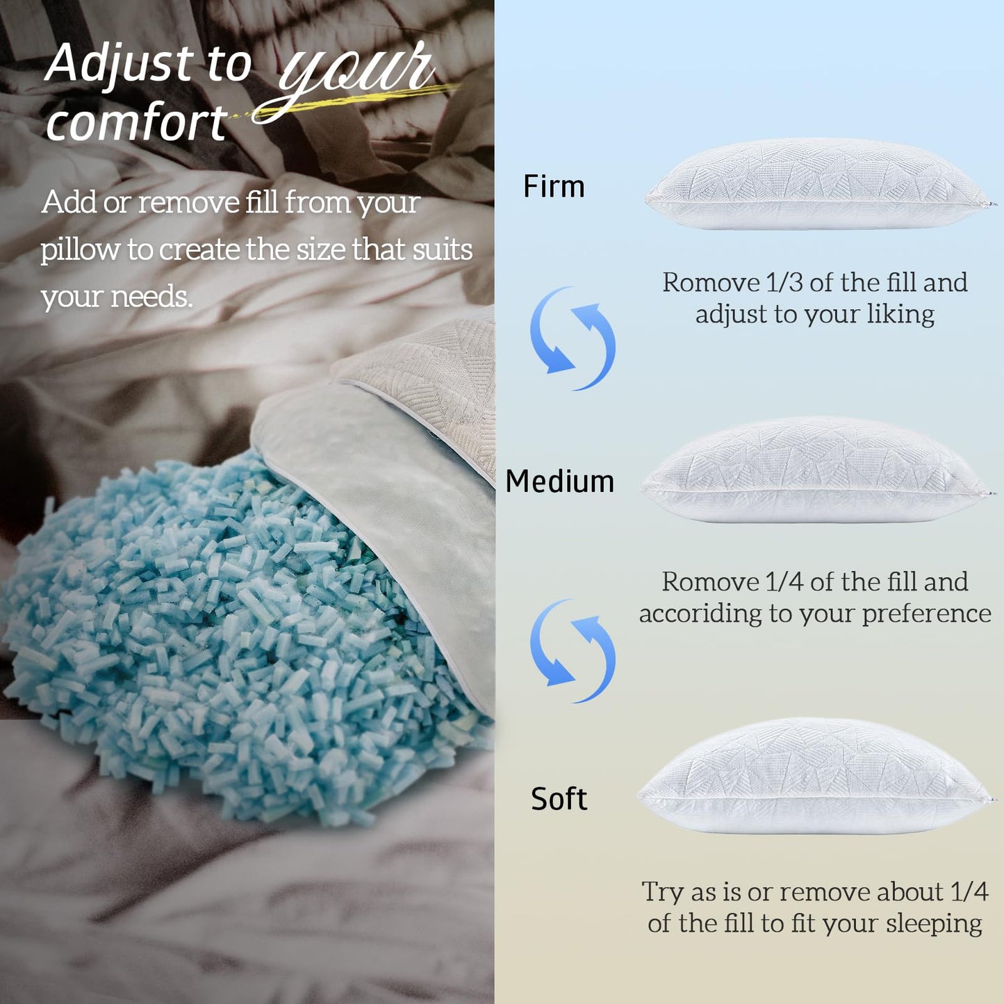 BETU Cooling King Size Pillows Set of 2, Shredded Memory Foam Cool Pillows for Hot Sleepers, Adjustable Firm Soft Support Bed Pillows Perfect for Back Neck Pain and Side Sleeping with Cover, White
