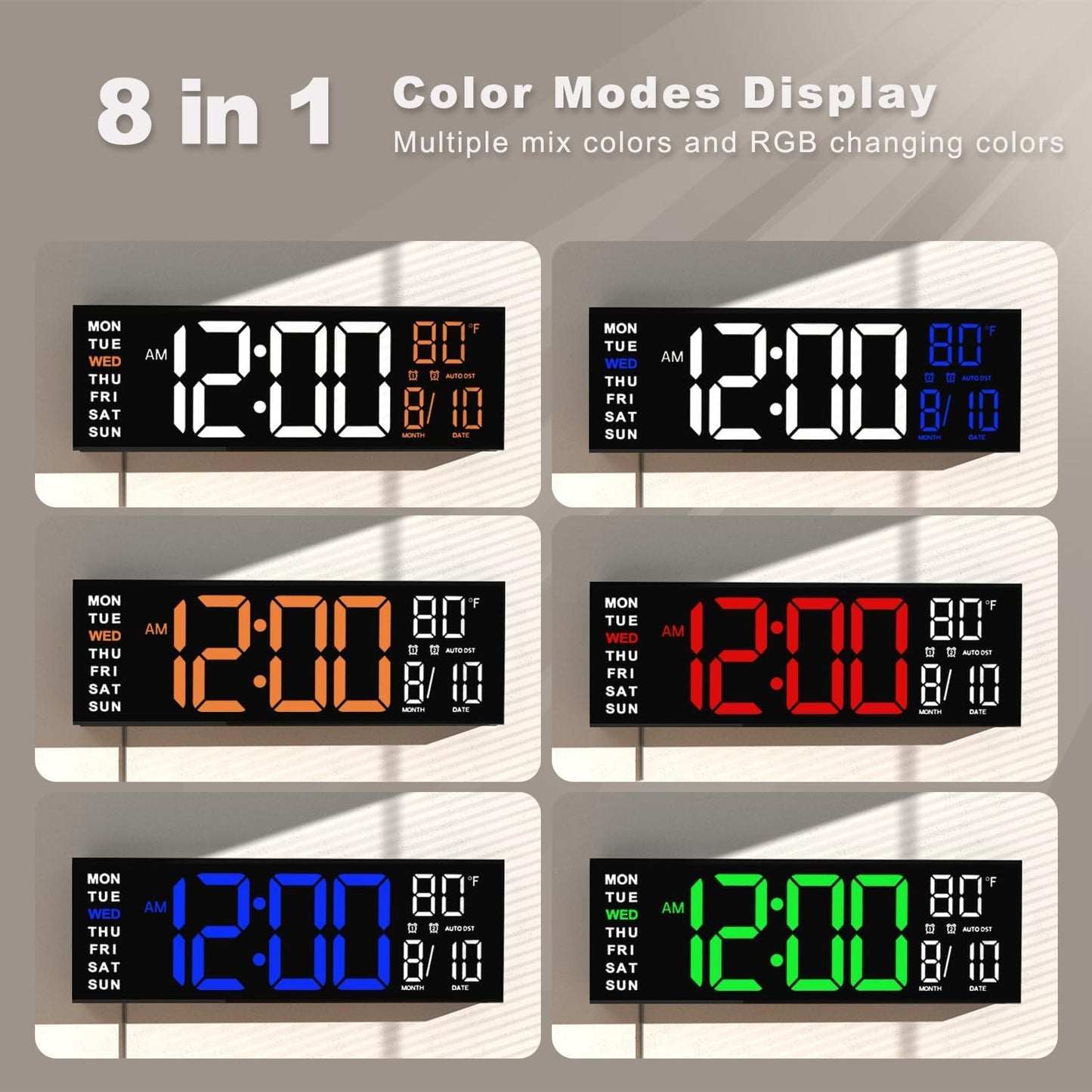 JALL 16" Large Digital Wall Clock with Remote, Big LED for Seniors, Auto Dimming, 8 RGB Colors, Night Light, Count Down Timer, Alarm, DST, Temperature for Living Room, Back to School Classroom