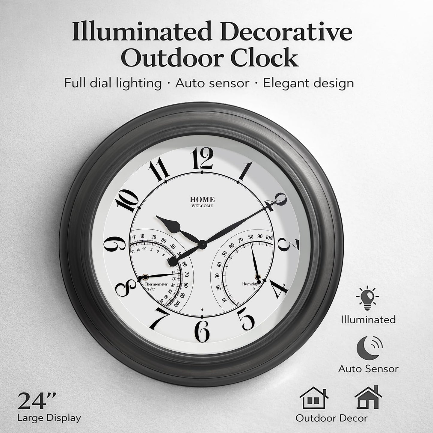 Pytha Sight 24 Inch Outdoor Clocks Waterproof, Large Easy-to-Read Illuminated Outdoor Wall Clock with Smart Light Sensor, Silent Large Outdoor Clock for Patio, Pool,Porch,Garden,Backyard