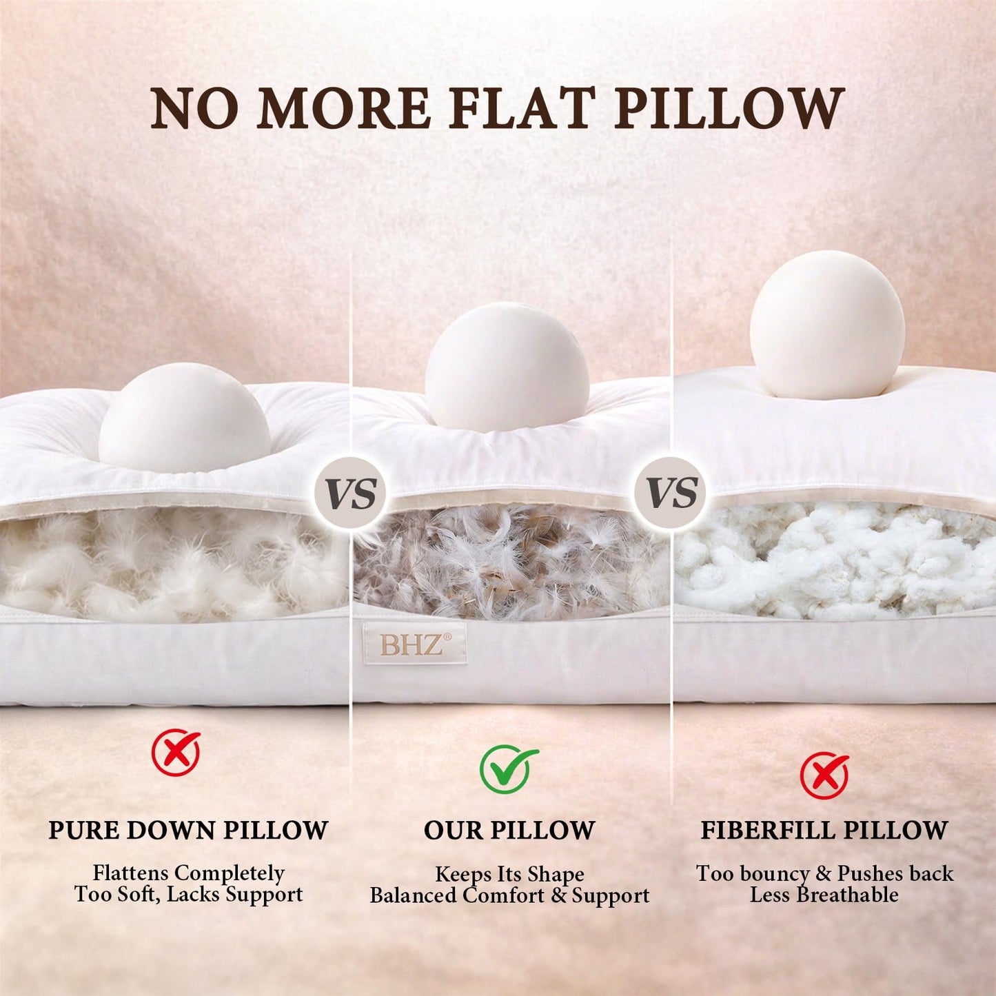 BHZ Goose Down Feather Pillows Queen Size - Hotel Collection Bed Pillows for Sleeping Medium Firm Soft Support Pillow for Side and Back Sleepers with Breathable Cover