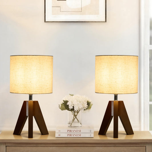 Booniture Set of 2 Tripod Table Lamps,Stepless Dimmable Small Bedside Lamps with Beige Linen Shade, Boho Modern Nightstand Lamps for Bedroom Living Room Office,E26 Socket, Walnut