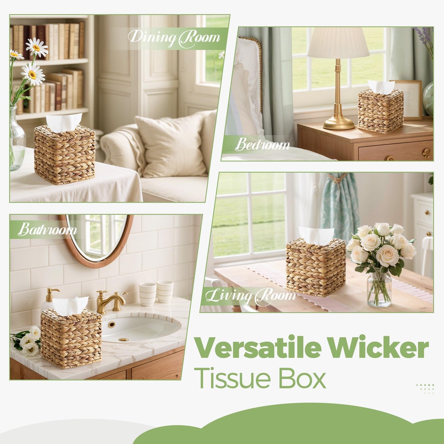 4 Pack Wicker Tissue Box Cover Square, Rattan Tissue Box Holder Facial Tissues Boxes, Hand Woven Decorative Tissue Covers Tissue Holders for Bathroom Bedroom Desk Office