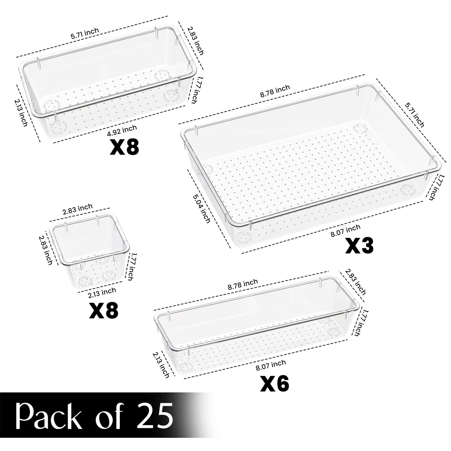KICHLY 25 Piece Clear Drawer Organizer Set – Multi Size Storage Trays for Bathroom, Vanity, Makeup, Kitchen Utensils, Office & Bedroom - Office Desk Organizers & Caddy