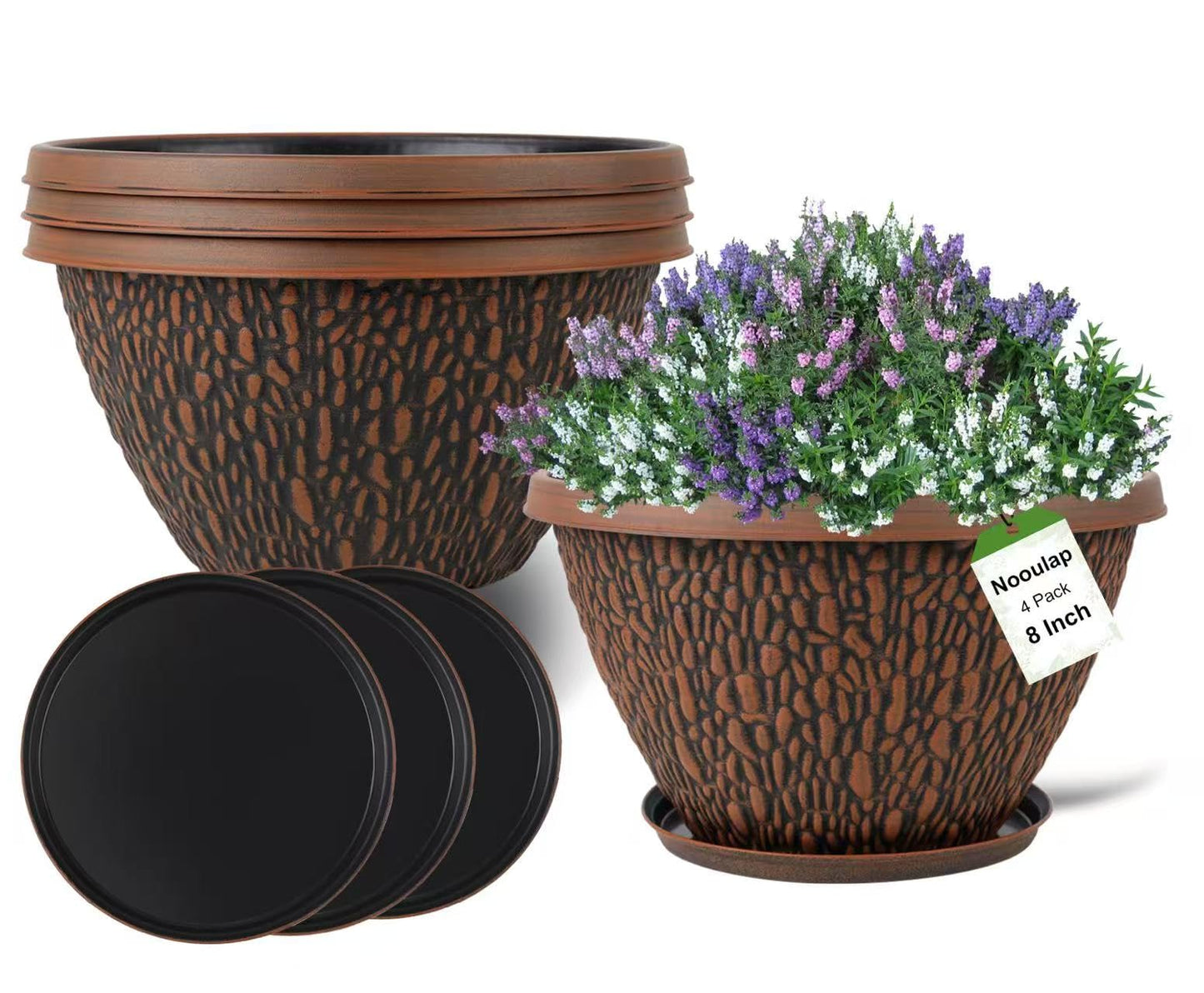 Nooulap 4 Pack 8 Inch Plant Pots Outdoor Indoor, Small Flower Pots with Drainage Hole & Tray, Thickened Plastic Outdoor Planters for Garden House Decor