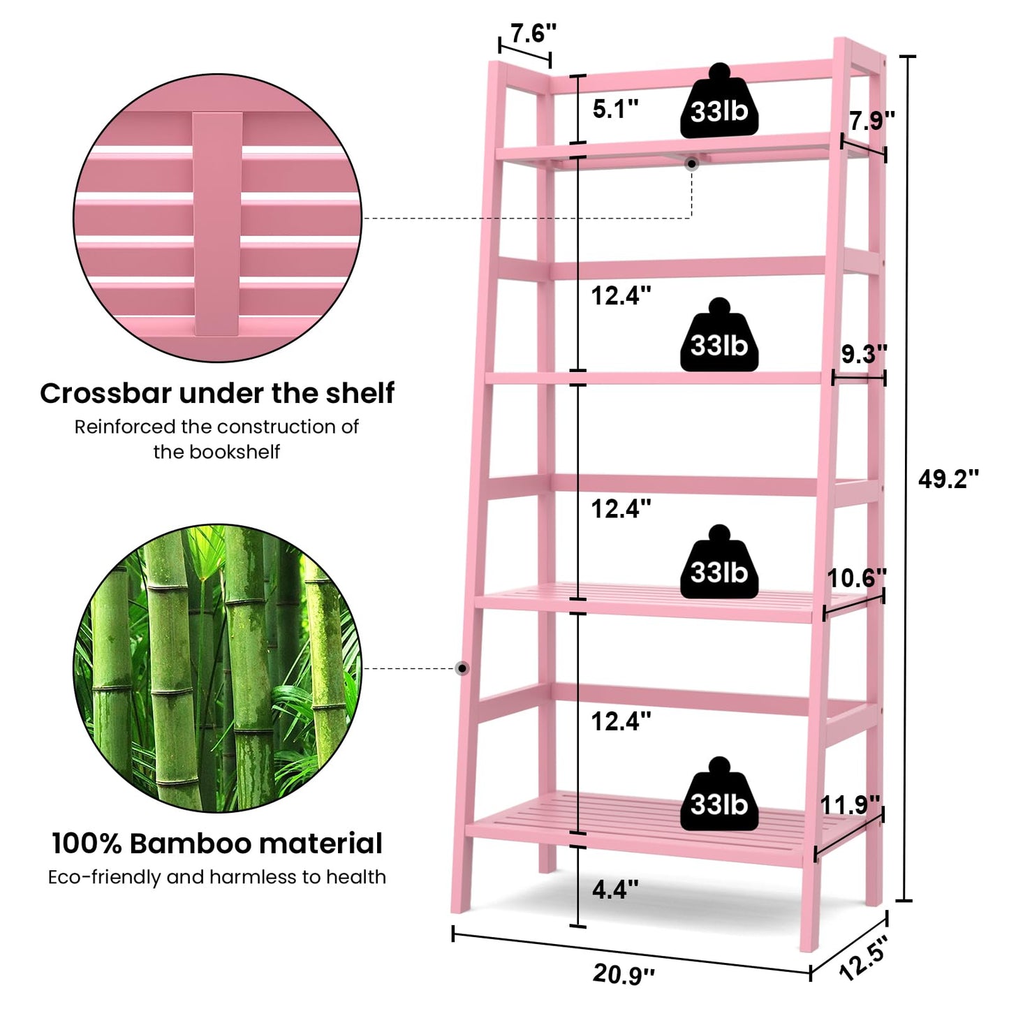 Homykic Bamboo Ladder Bookshelf, 4-Tier Ladder Shelf Open Book Shelf Freestanding Bookcase Bathroom Storage Rack Plant Stand for Living Room, Bedroom, Office, Easy Assembly, Pink