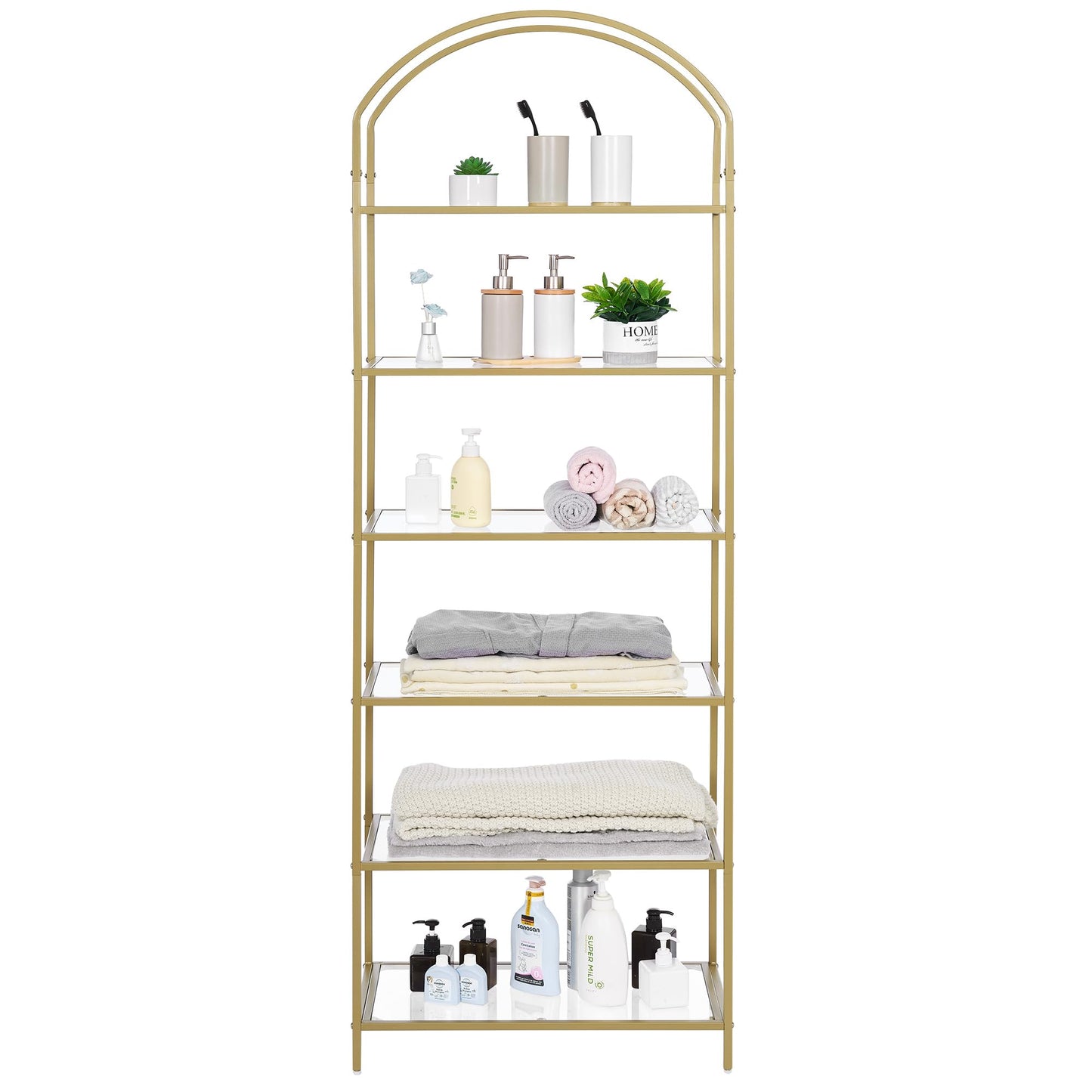Homhedy Bookshelf Arched Display Racks,Metal Bookcase,Tempered Glass Shelves,Storage Rack Shelf for Home Office,Living Room,Bedroom, Bathroom,Modern Style (Golden, 11.8" D x 23.6" W x 73.6" H)