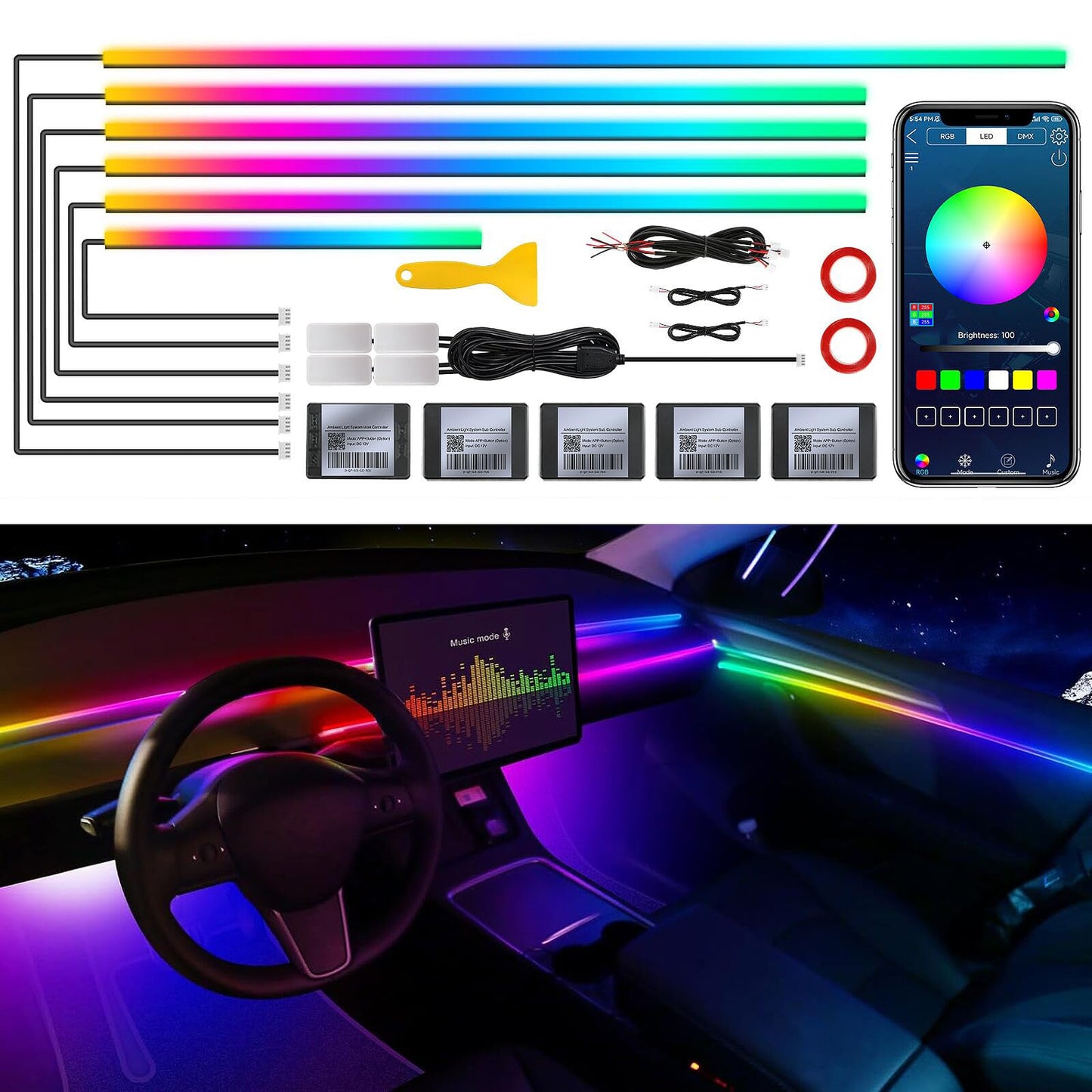 Dreamcolor Acrylic Interior Car LED Strip Light with Wireless APP, RGB 10 in 1 with 175 inches 593 Neon Car Ambient Lighting Kits, Dynamic Chasing Music Sync LEDs Fiber Optic Strip Lights for Car