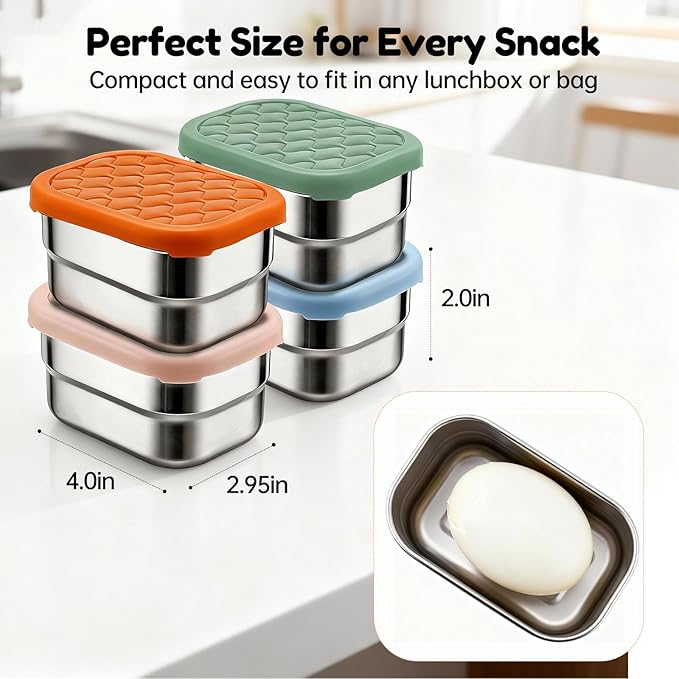 Fevbcnrj 4 Pack Stainless Steel Snack Containers, 8 oz Chip Container for Lunch Box, Easy Open No Leakage, Small Snack Containers with Silicone Lid, Stackable Metal Lunch Box for Outdoor and Travel