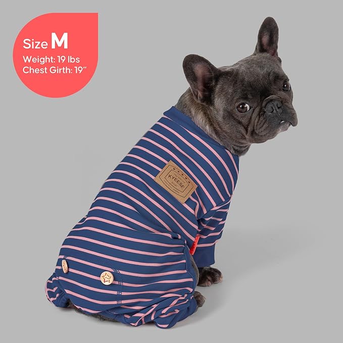 KYEESE Dog Pajamas, Stretchable Velvet Fleece 4 Legs Doggie Jammies, Striped Jumpsuit Pet Onesie, Cozy Outfit Comfortable Dog Clothes, Hair Shedding Cover Pet Sleepwear,Navy Blue Striped, Medium