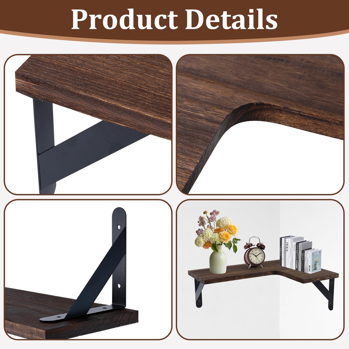 RAIHOMKIT Corner Floating Shelves Set of 5, Rustic Wood Shelves for Home Decor, Wall Mounted Storage Corner Shelf for Bedroom Kitchen Living Room Bathroom Office, Dark Brown