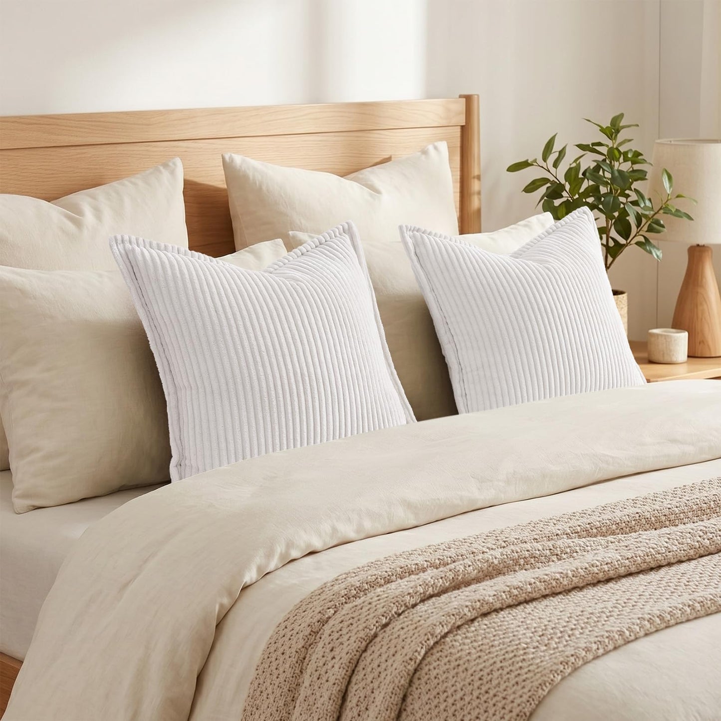 Mecatny Corduroy Throw Pillow Covers 24x24 Set of 2, Neutral Decorative Soft Boho Couch Pillow Covers with Broadside for Sofa Living Room, White