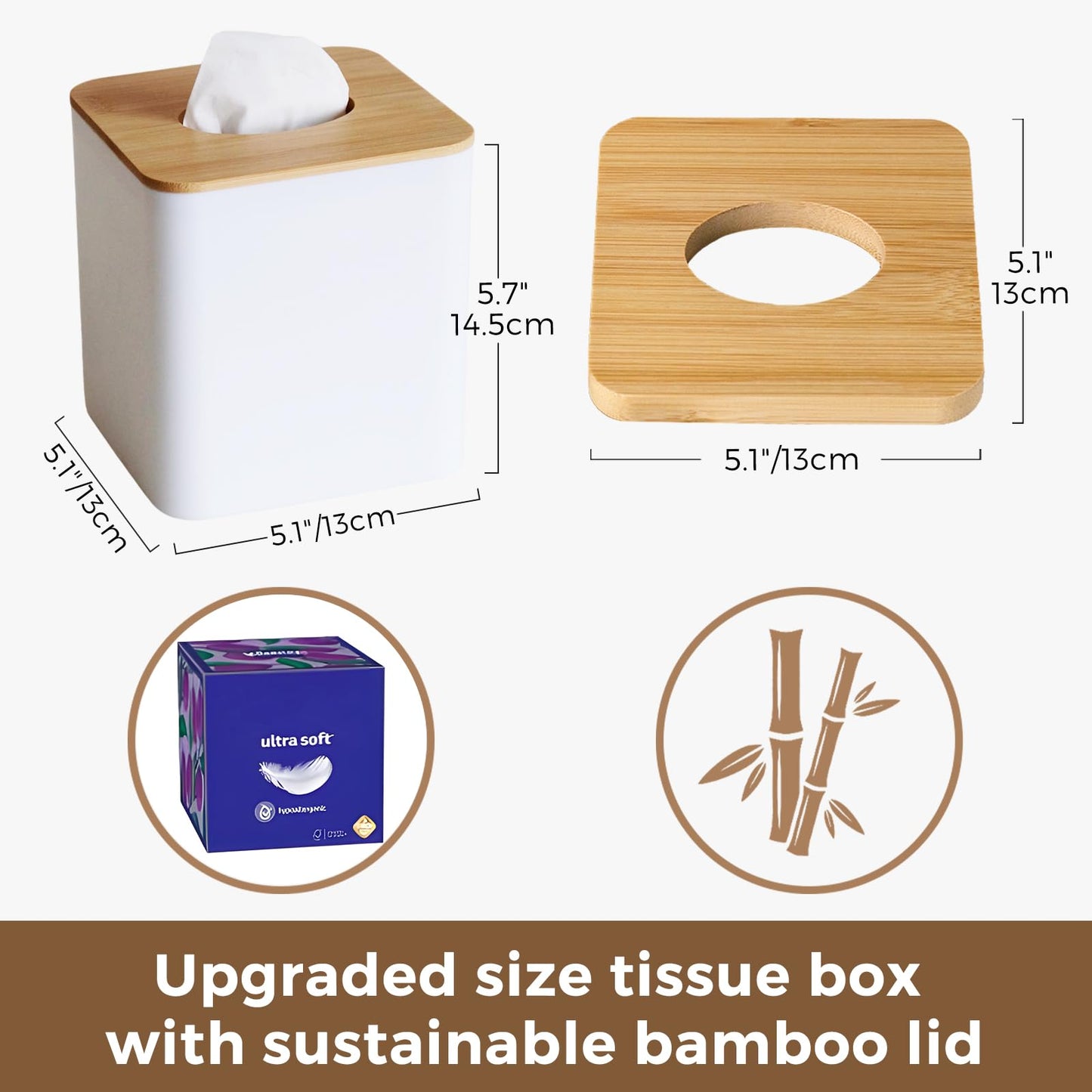 White Tissue Box Cover, Square Tissue Box Holder with Bamboo Cover Plate, Cube Tissue Box Cover for Desk Accessories, Decorative Tissue Box Tissue Holder for Bathroom Office