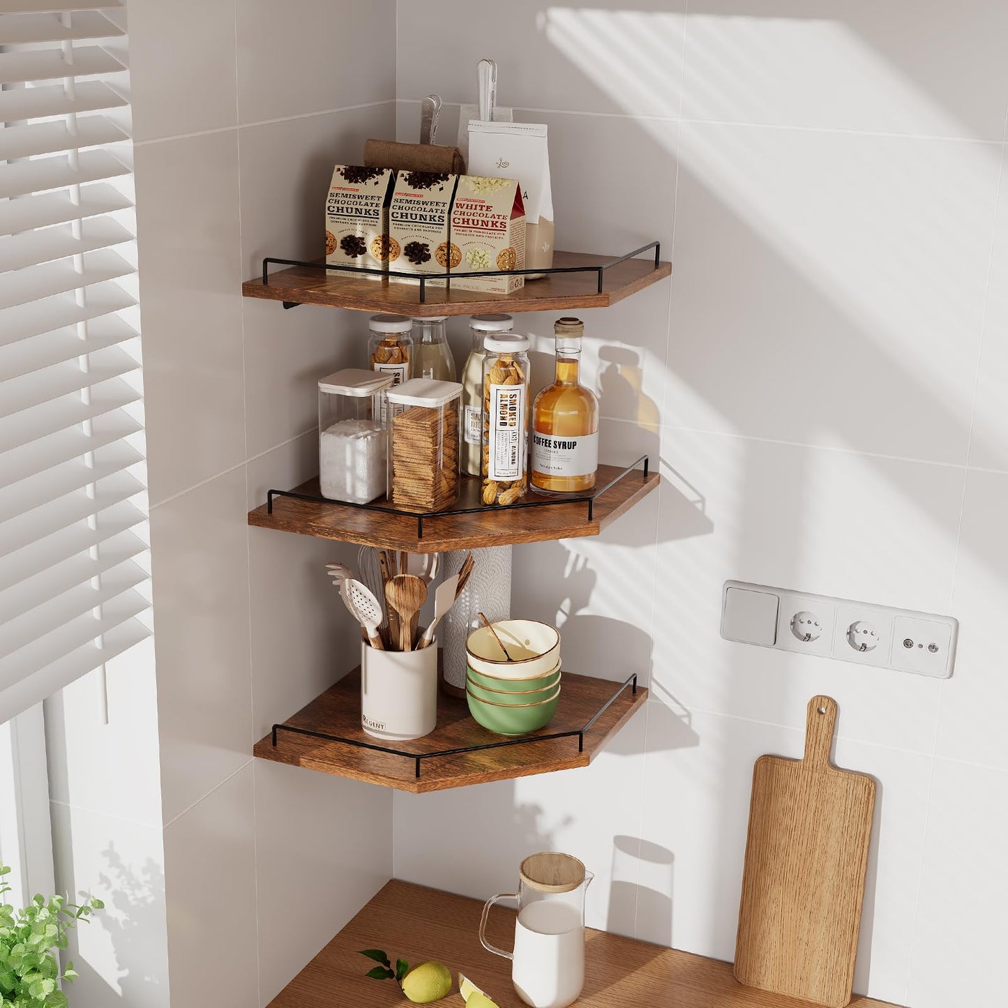 JJL Corner Shelf Wall Mounted, 12 Inches 3-Tier Floating Corner Shelf, Hexagon Rustic Wood Decor with Fence, Brown Storage Organizer for Apartment Bedroom Kitchen Bathroom