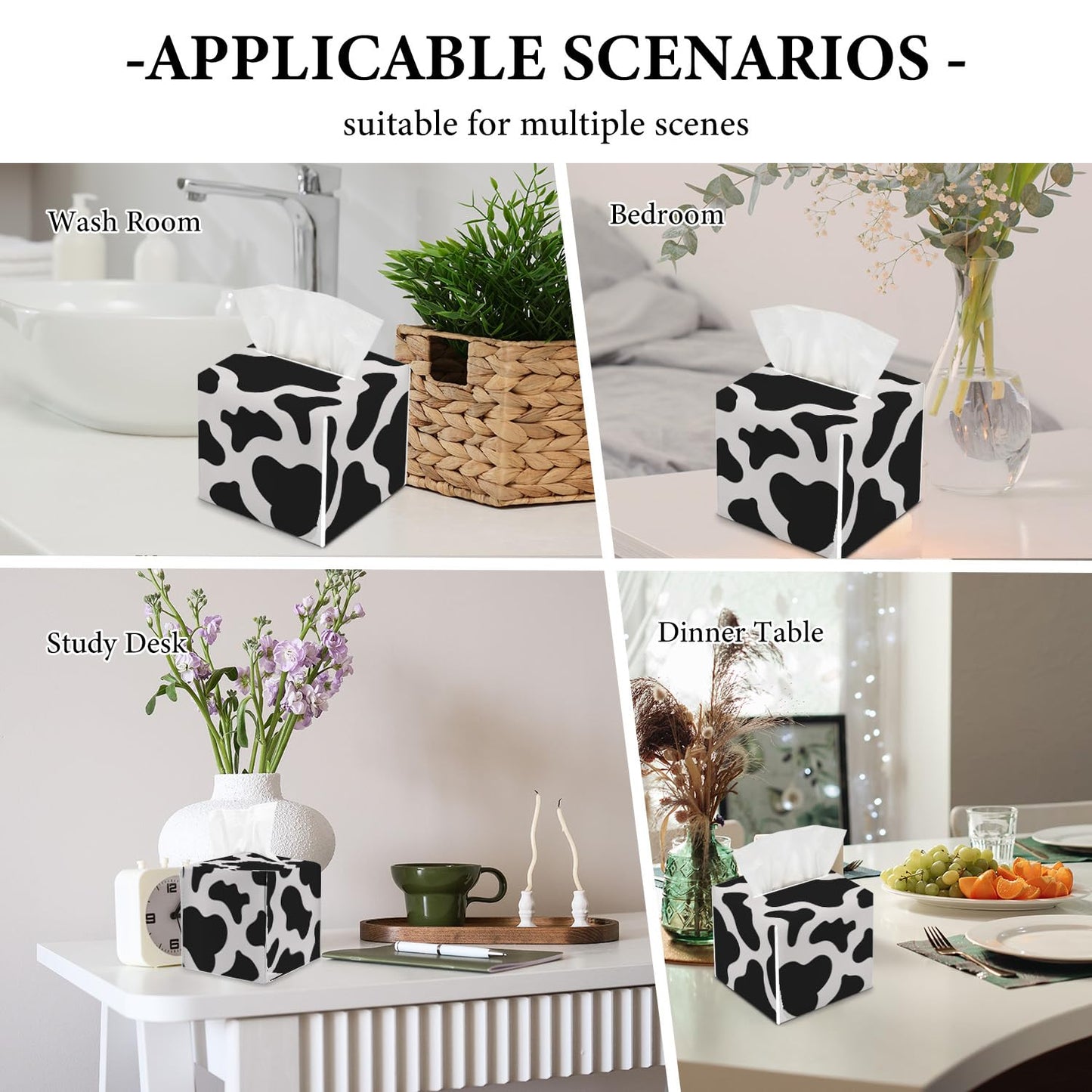 Cow Print Tissue Box Cover, Black and White Tissue Box Holder, Square Facial Paper Case, Cube Facial Paper Organizer Dispenser for Bedroom Vanity Countertop Nightstands/Leather-12