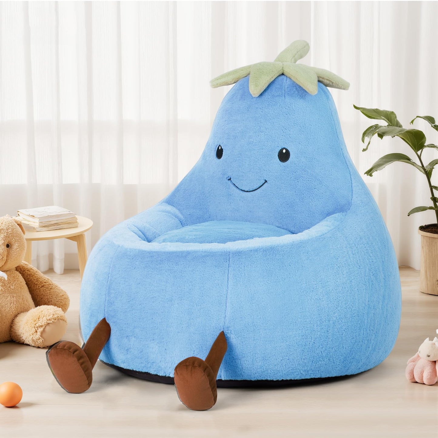 DUMOS Kids Bean Bag Chair, Stuffed Toddler Couch with Faux Rabbit Fur Cover for Teens & Kids, Comfy Lazy Sofa Chair for Reader, Living Room, Bedroom, Aged 4-12 Years, 31 Inch, Blue