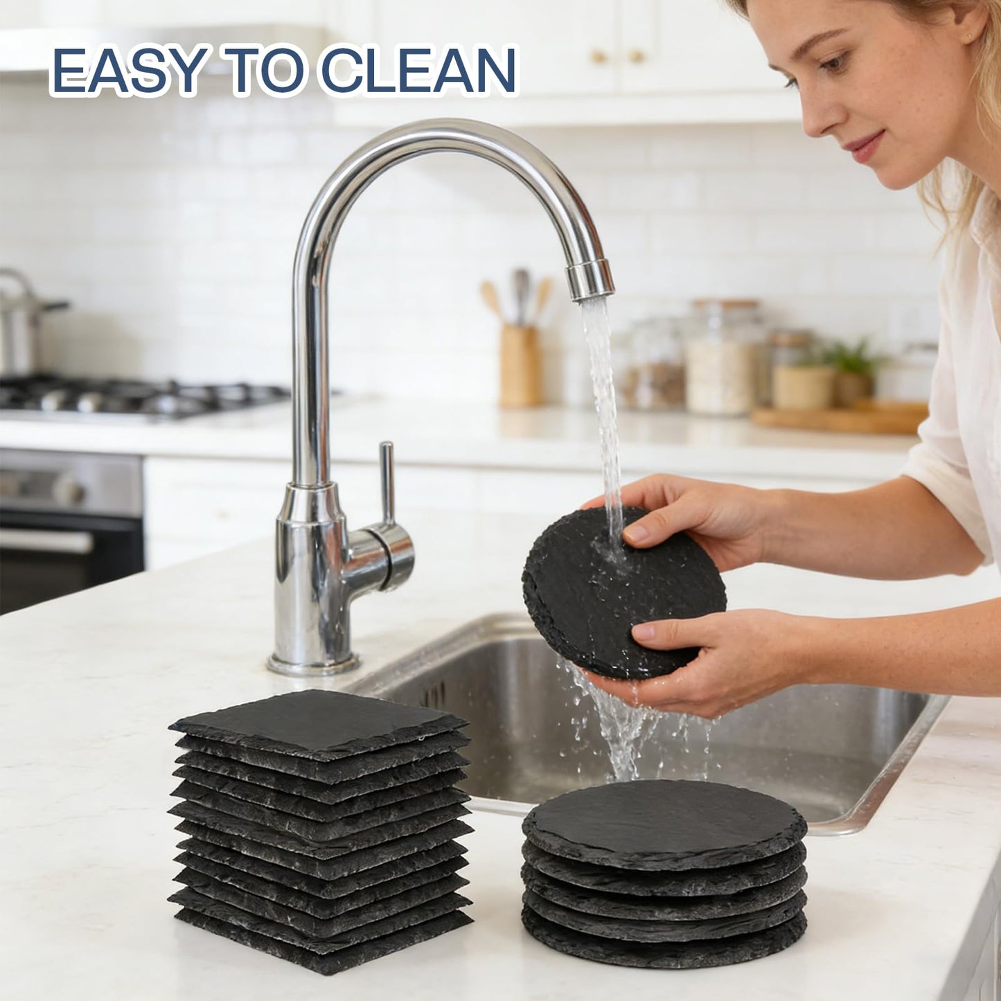 24 Pieces Slate Coasters, Diameter Size 4 inch Black Coasters Stone Coaster Set, Perfect for use in Your Home, Office, Kitchen,bar,Christmas or Anywhere.（12 Square Pieces+12 Round Pieces）