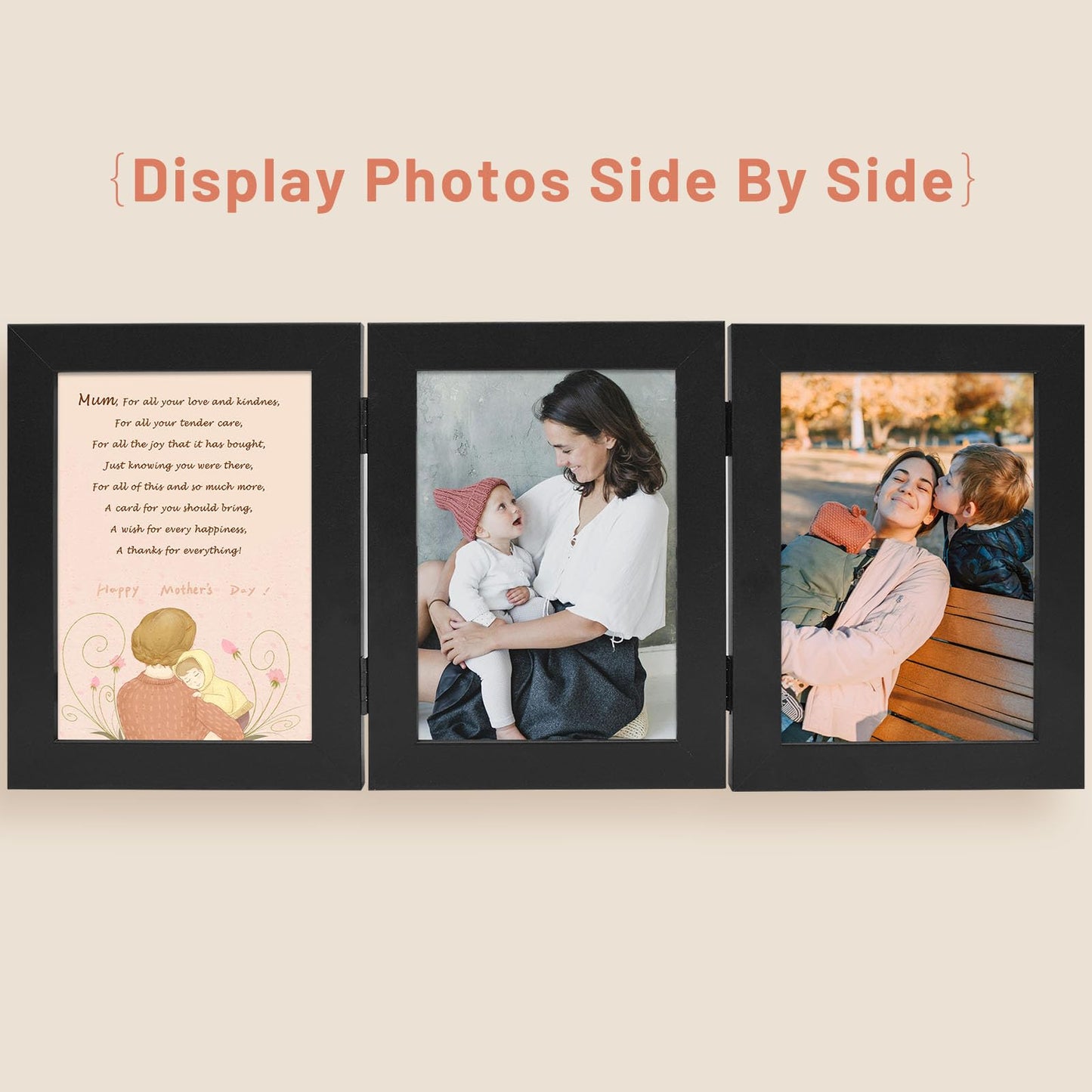Golden State Art, 5x7 Triple Picture Frame Vertical, Engineered Wood Trifold Photo Frame, with Real Glass for Desktop - Three Folding Picture Collage (5x7, Black, 1 Pack)