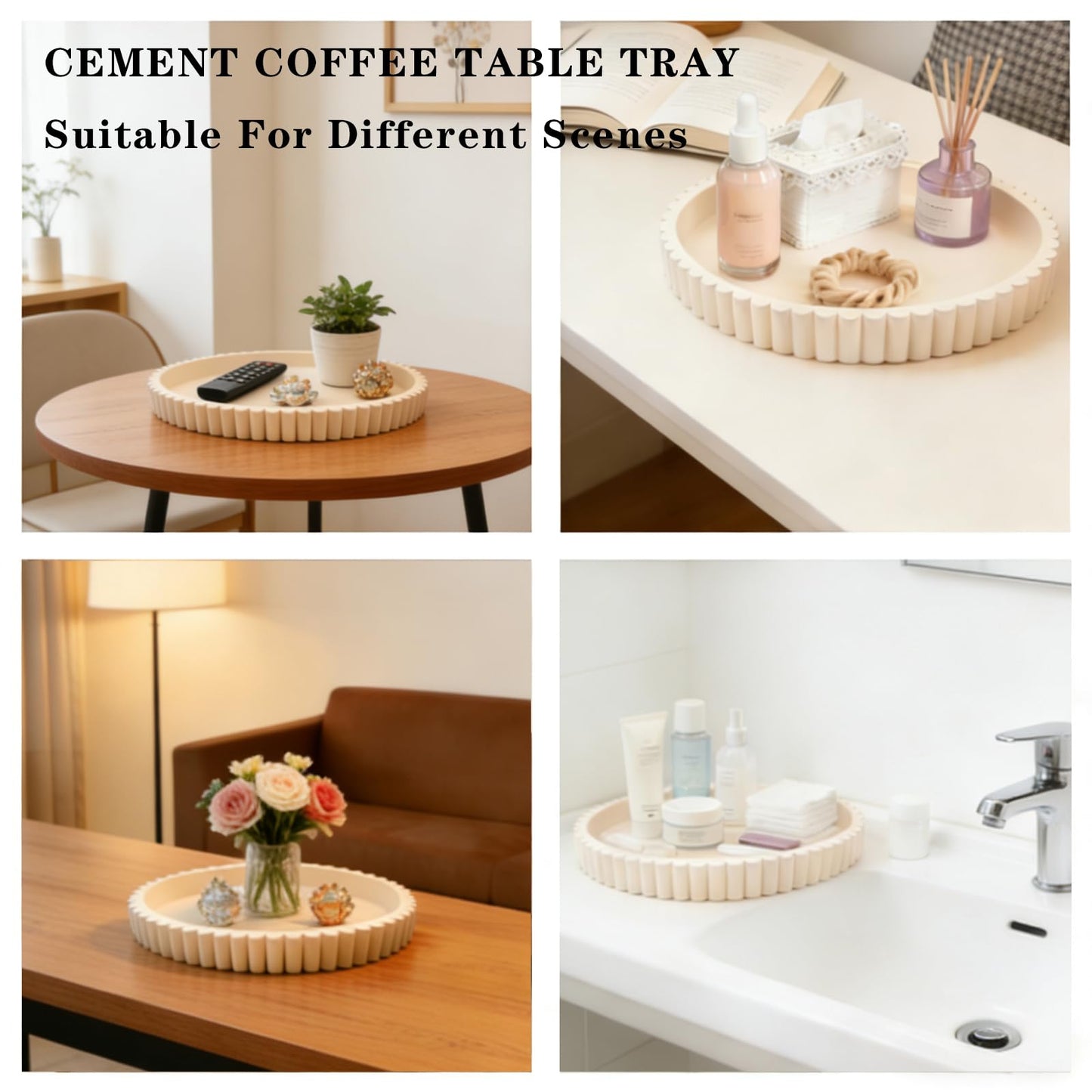Coffee Table Tray, Large 13"×9.5" Oval Fluted Concrete Tray, Cream Decorative Serving Tray, Home Décor Accent for Ottoman, Kitchen Island & Dining Table Centerpiece