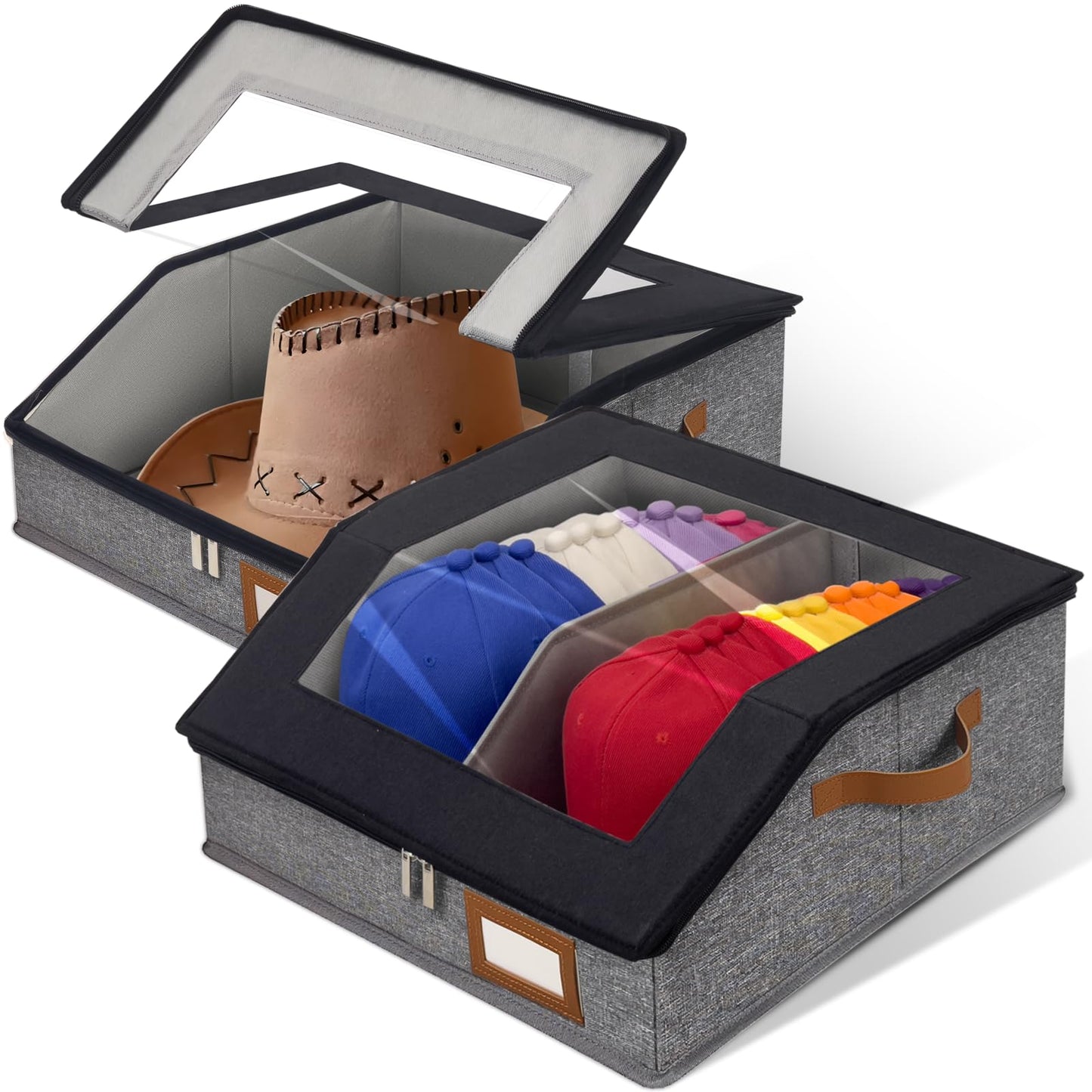 HISULIV 2-in-1 Hat Organizer for Baseball Caps Holds 48-60 Caps Hat Storage with Adjustable Divider Stackable Hats Holder for Closet with Clear lid Cowboy Hat Box for Men Women 2 PCS Black and Grey