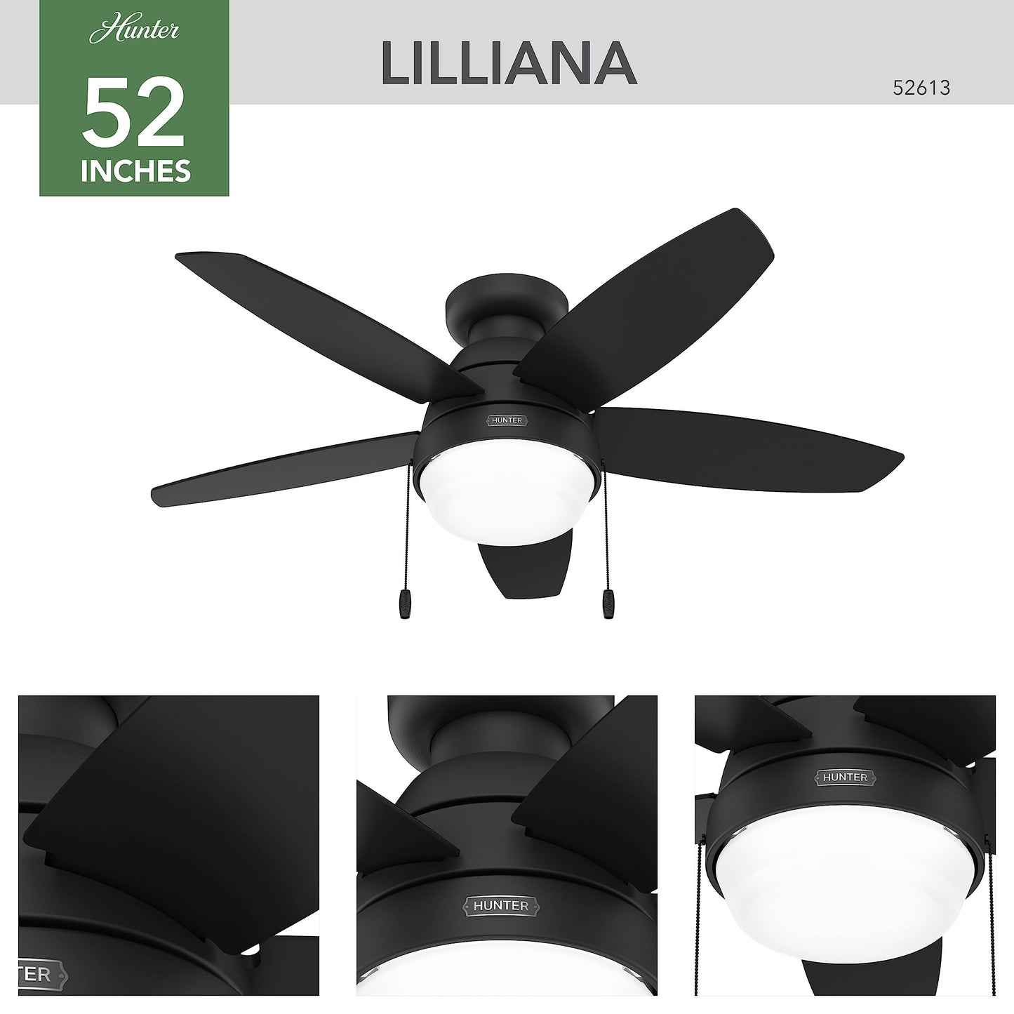 Hunter 44 inch Indoor Ceiling Fan with LED Light - Black Ceiling Fan with Pull Chain, For Bedroom, Living Room, or Kitchen, Low Profile Mount, No Remote, 5 Blades - Lilliana 52613, Matte Black