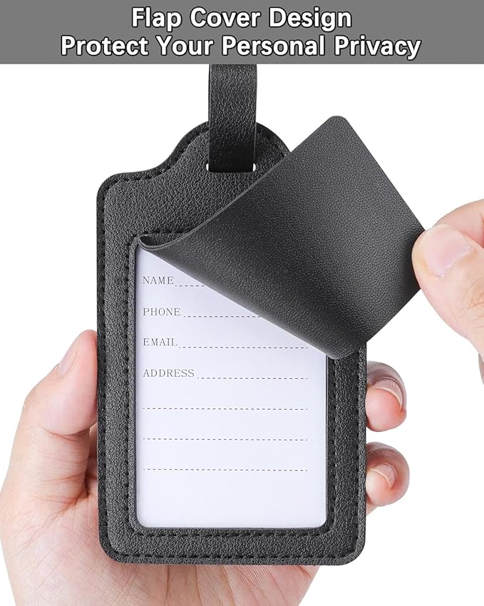 Teskyer Luggage Tags for Suitcases, TSA Approved with Privacy Protection Cover, Premium Faux Leather Bag Tags for Travel - 4 Pack, Black