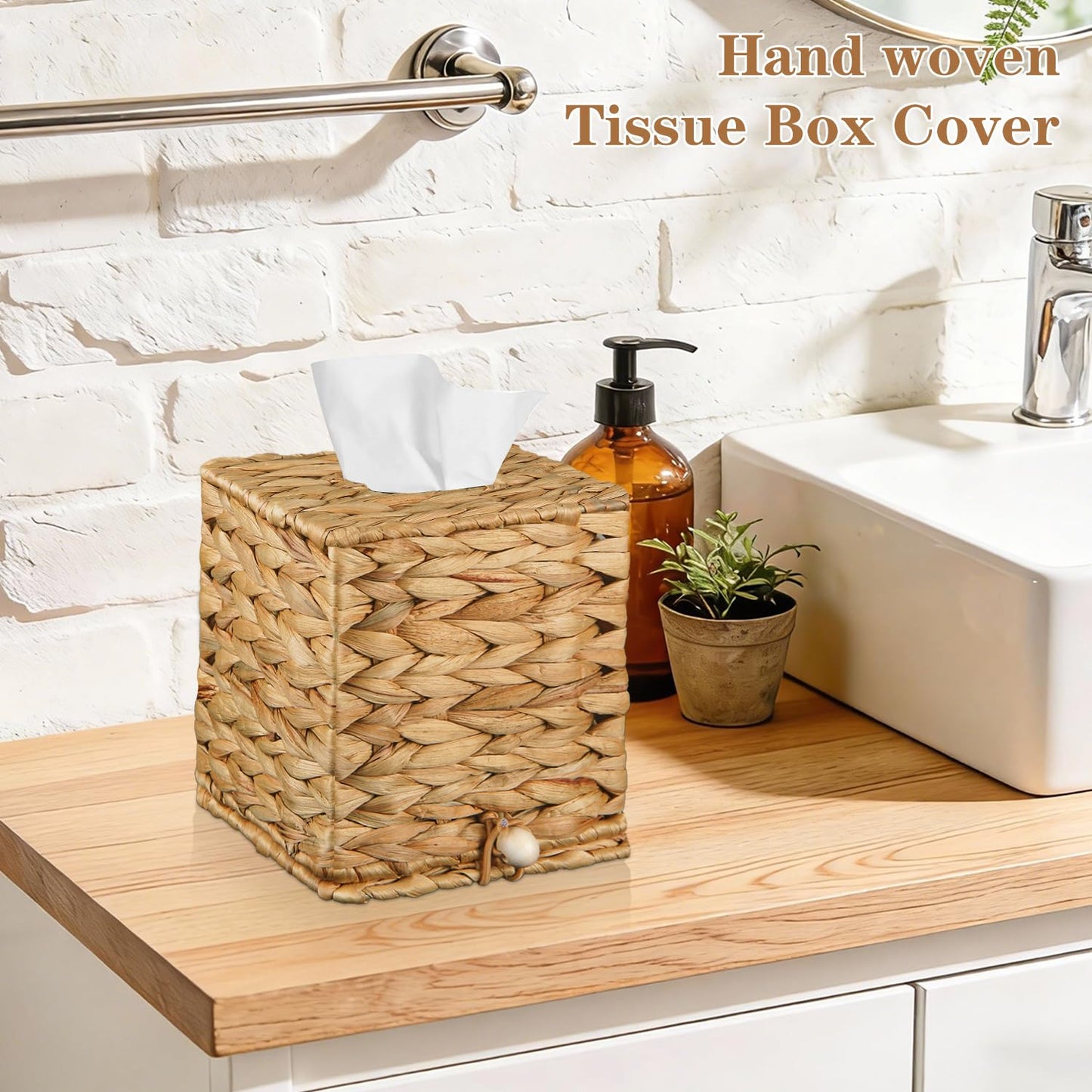 BIBELUN 2-Piece Water Hyacinth Bathroom Storage Basket Set, Hand-Woven Wicker Slim Toilet Paper Holder with Lid for 6 Mega Rolls, Square Tissue Box Cover, Decorative Rustic Boho Basket for Organizers